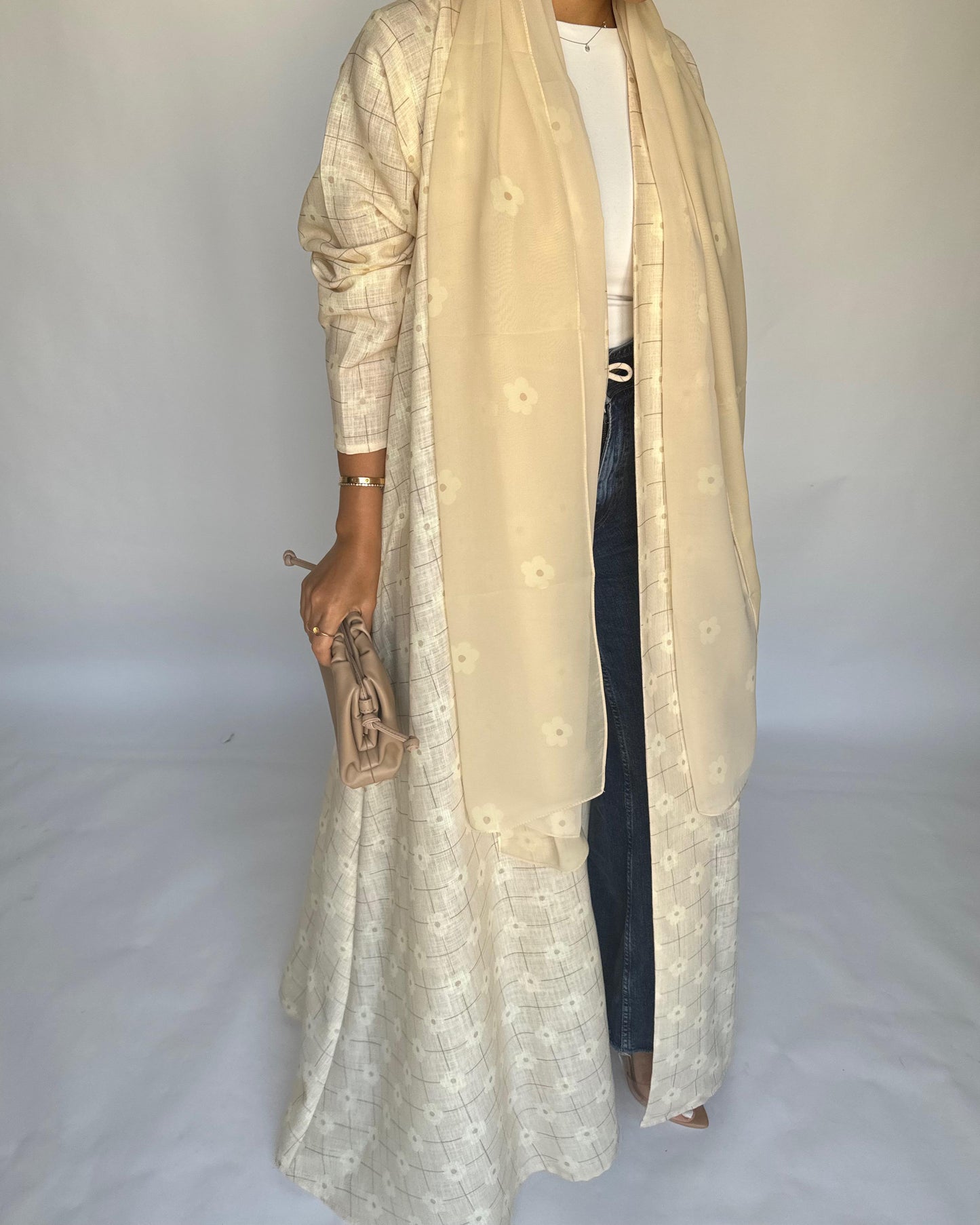 A390 - Butter Yellow Flower Linen A-Cut Summery Abaya
