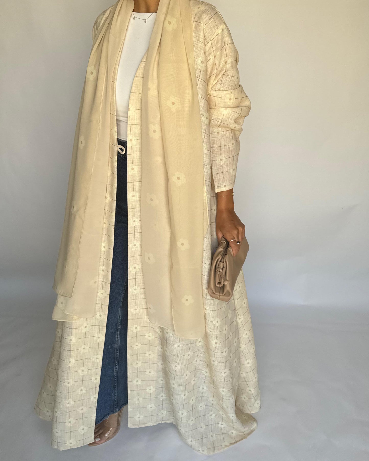 A390 - Butter Yellow Flower Linen A-Cut Summery Abaya