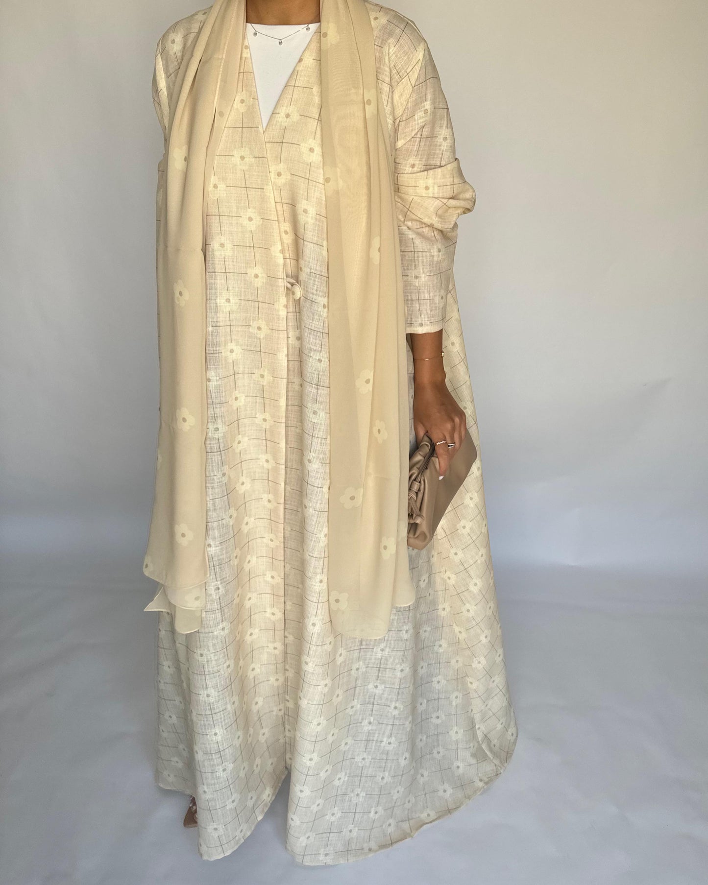 A390 - Butter Yellow Flower Linen A-Cut Summery Abaya