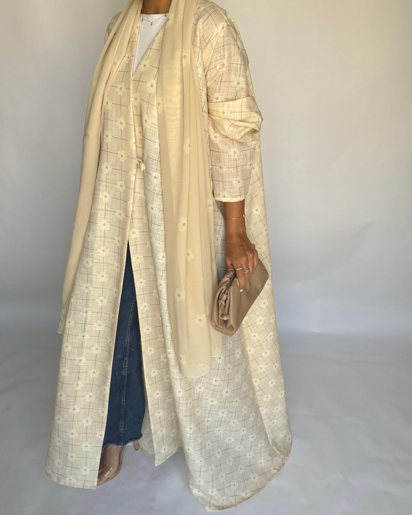 A390 - Butter Yellow Flower Linen A-Cut Summery Abaya