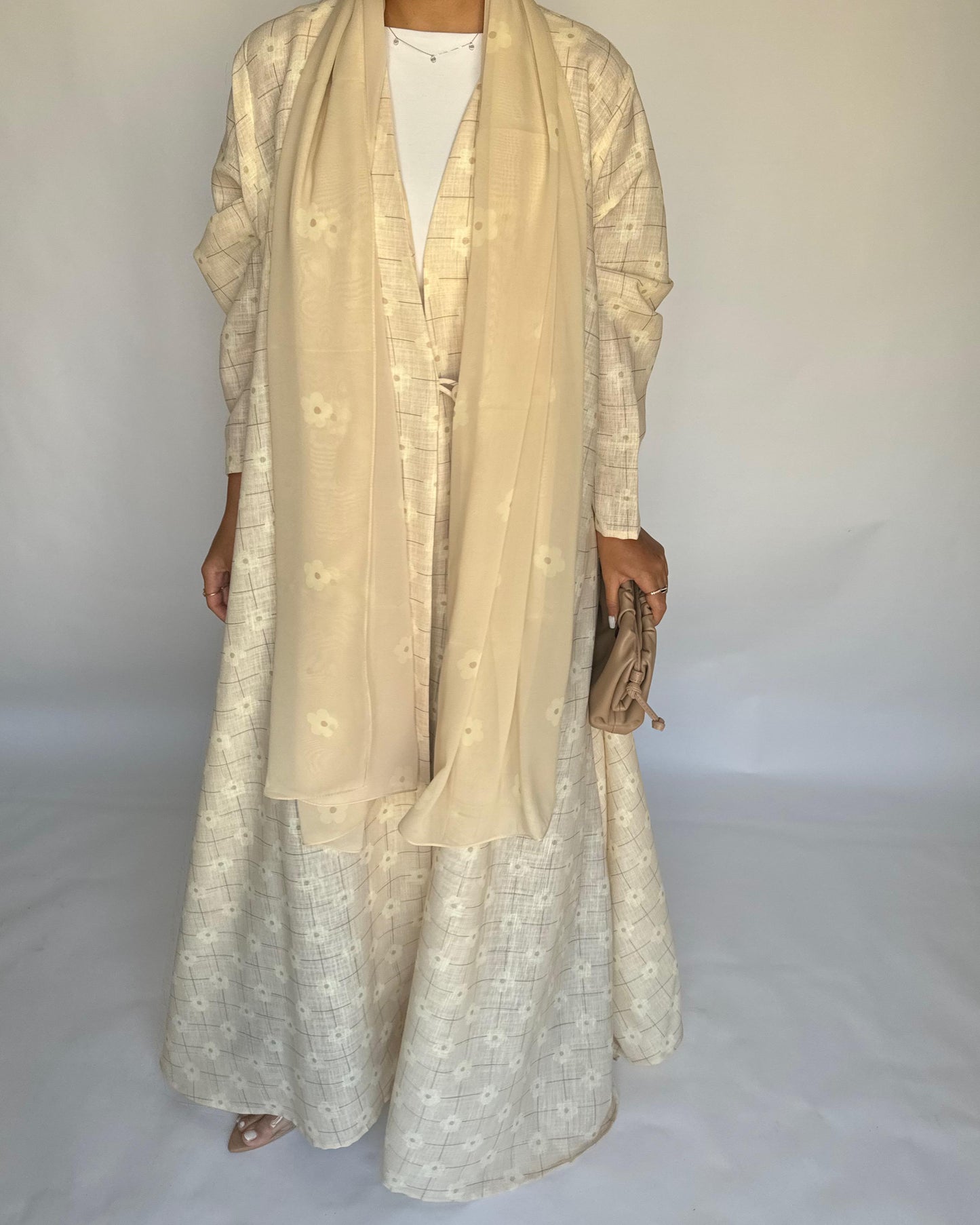 A390 - Butter Yellow Flower Linen A-Cut Summery Abaya