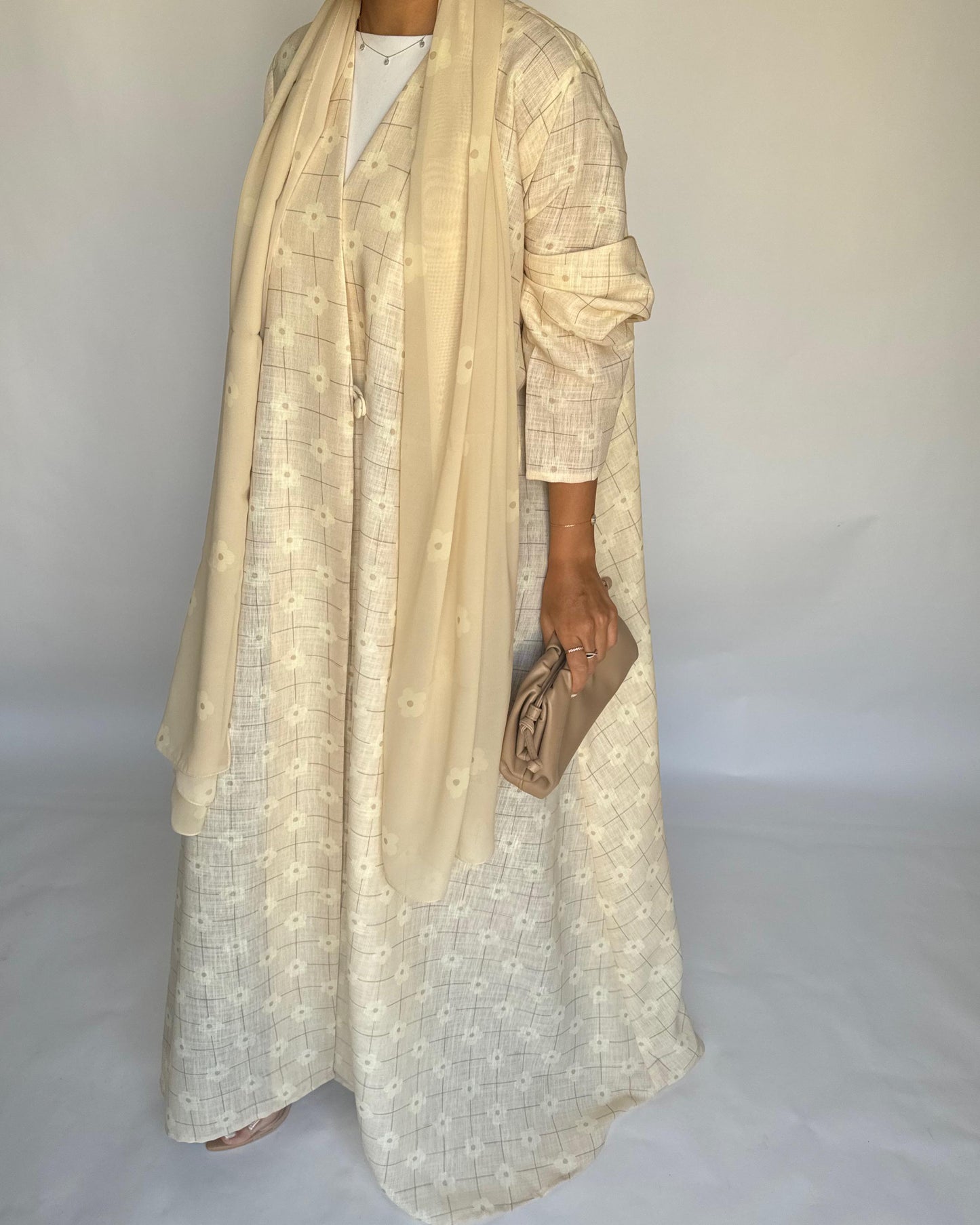 A390 - Butter Yellow Flower Linen A-Cut Summery Abaya