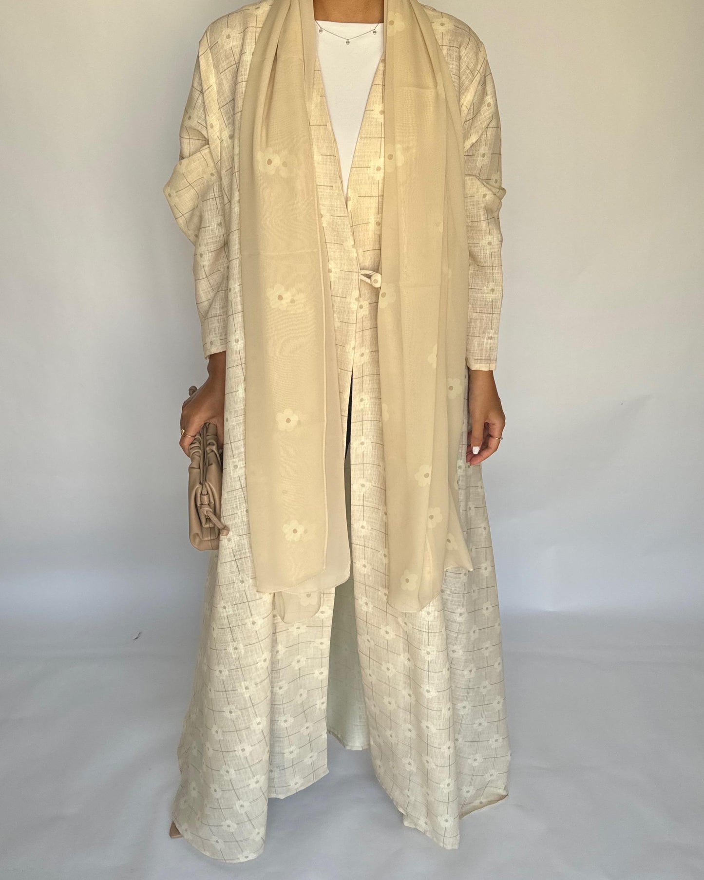 A390 - Butter Yellow Flower Linen A-Cut Summery Abaya