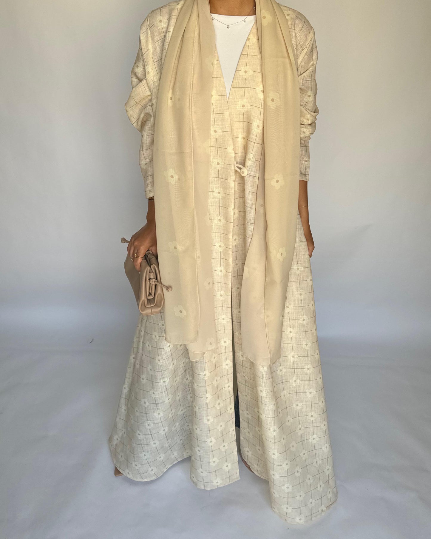 A390 - Butter Yellow Flower Linen A-Cut Summery Abaya