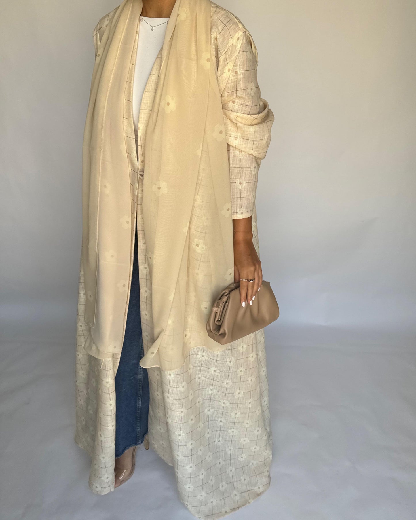 A390 - Butter Yellow Flower Linen A-Cut Summery Abaya