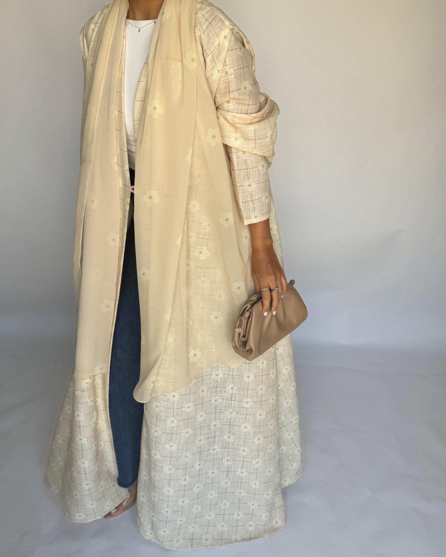 A390 - Butter Yellow Flower Linen A-Cut Summery Abaya