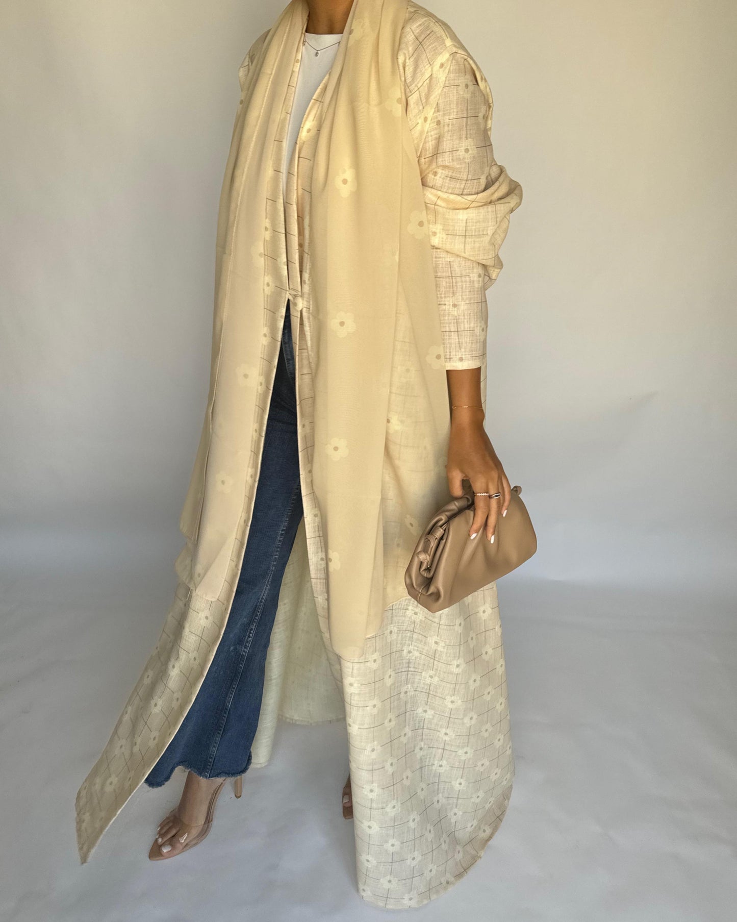 A390 - Butter Yellow Flower Linen A-Cut Summery Abaya