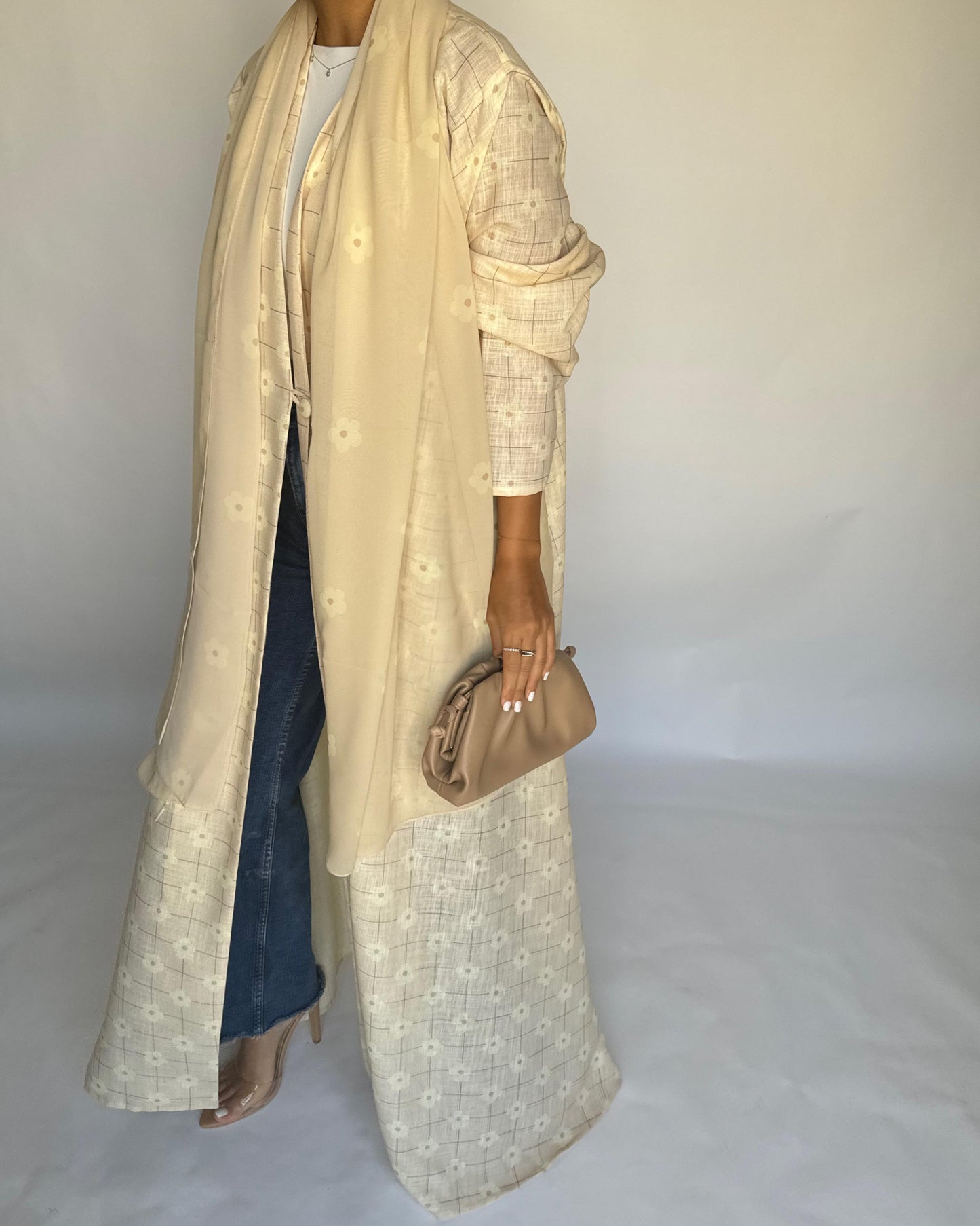 A390 - Butter Yellow Flower Linen A-Cut Summery Abaya