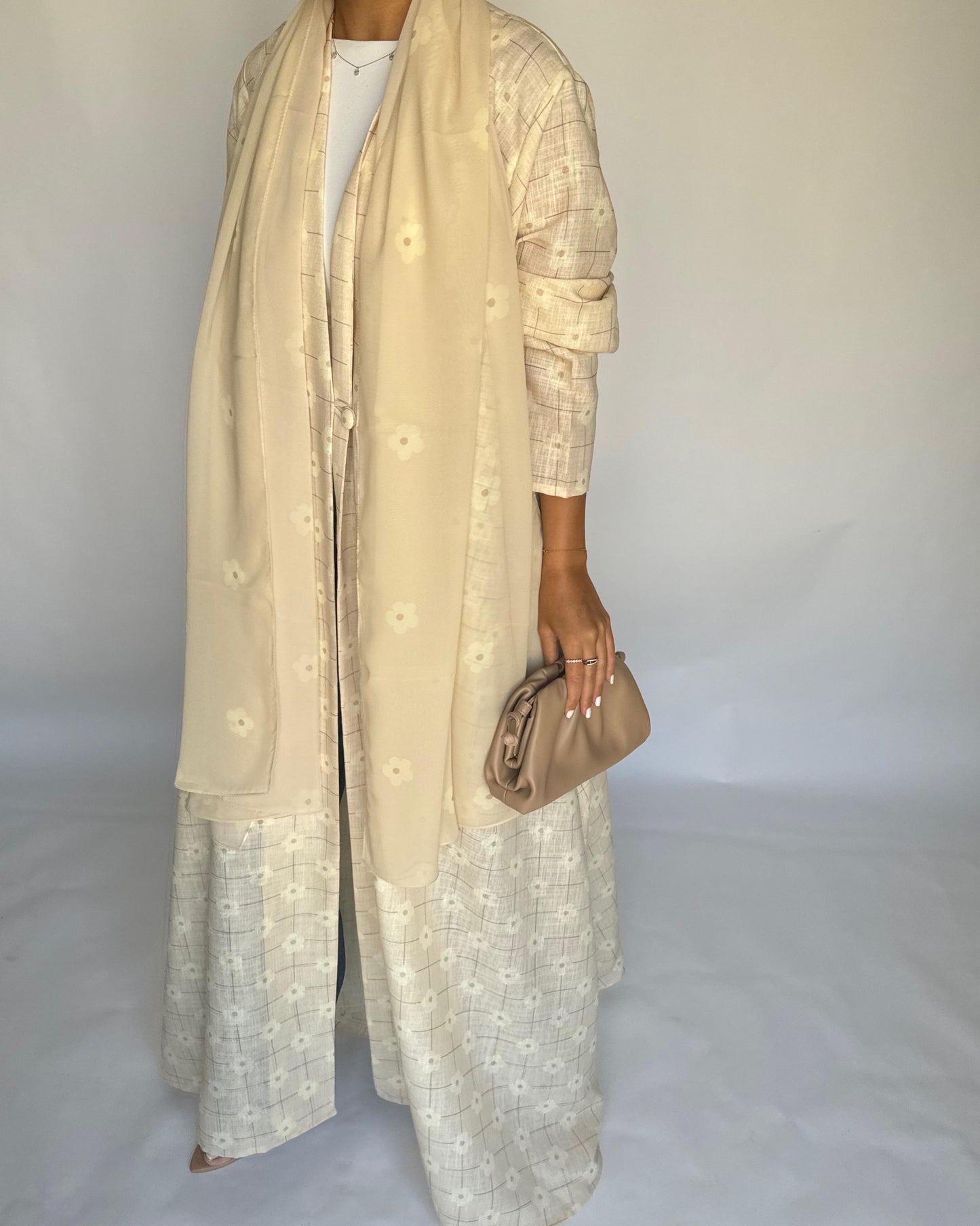 A390 - Butter Yellow Flower Linen A-Cut Summery Abaya