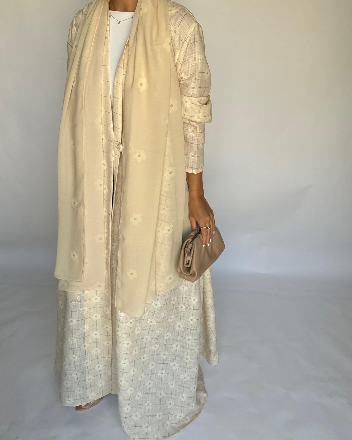 A390 - Butter Yellow Flower Linen A-Cut Summery Abaya