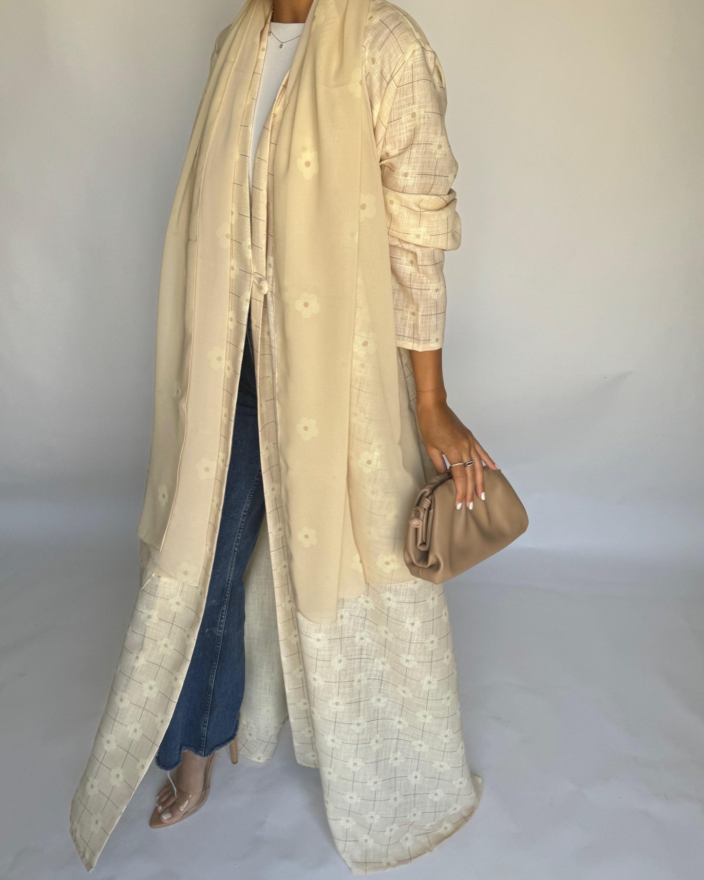 A390 - Butter Yellow Flower Linen A-Cut Summery Abaya