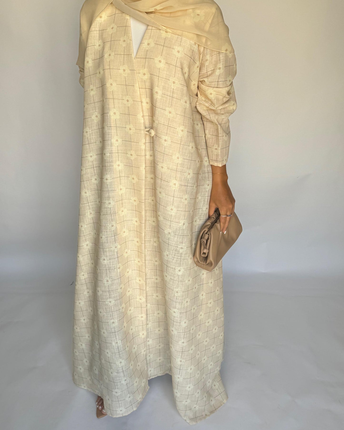 A390 - Butter Yellow Flower Linen A-Cut Summery Abaya
