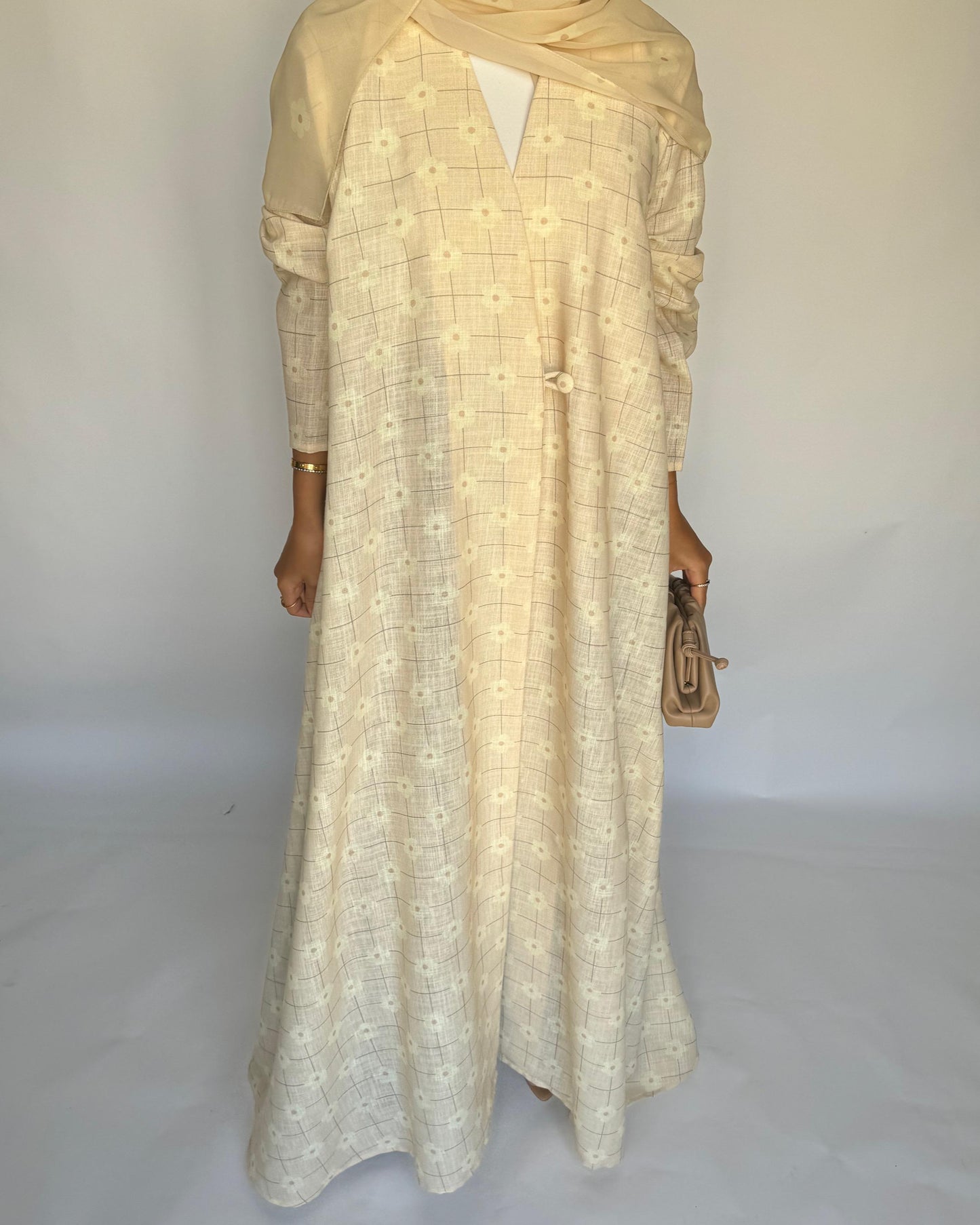 A390 - Butter Yellow Flower Linen A-Cut Summery Abaya