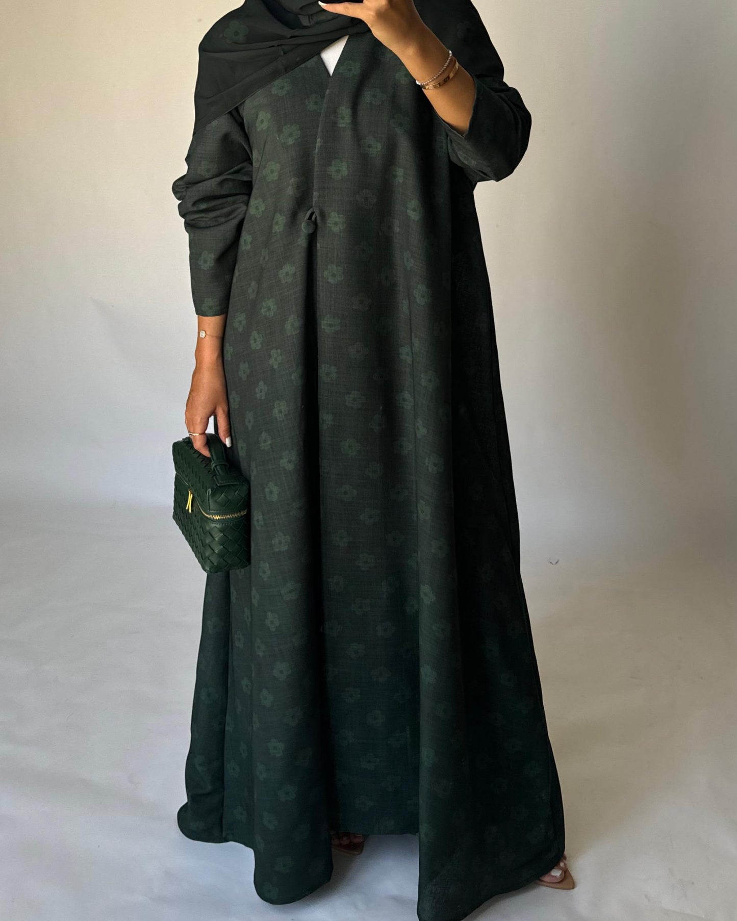 A394 - Dark Green Flower Linen A-Cut Summery Abaya