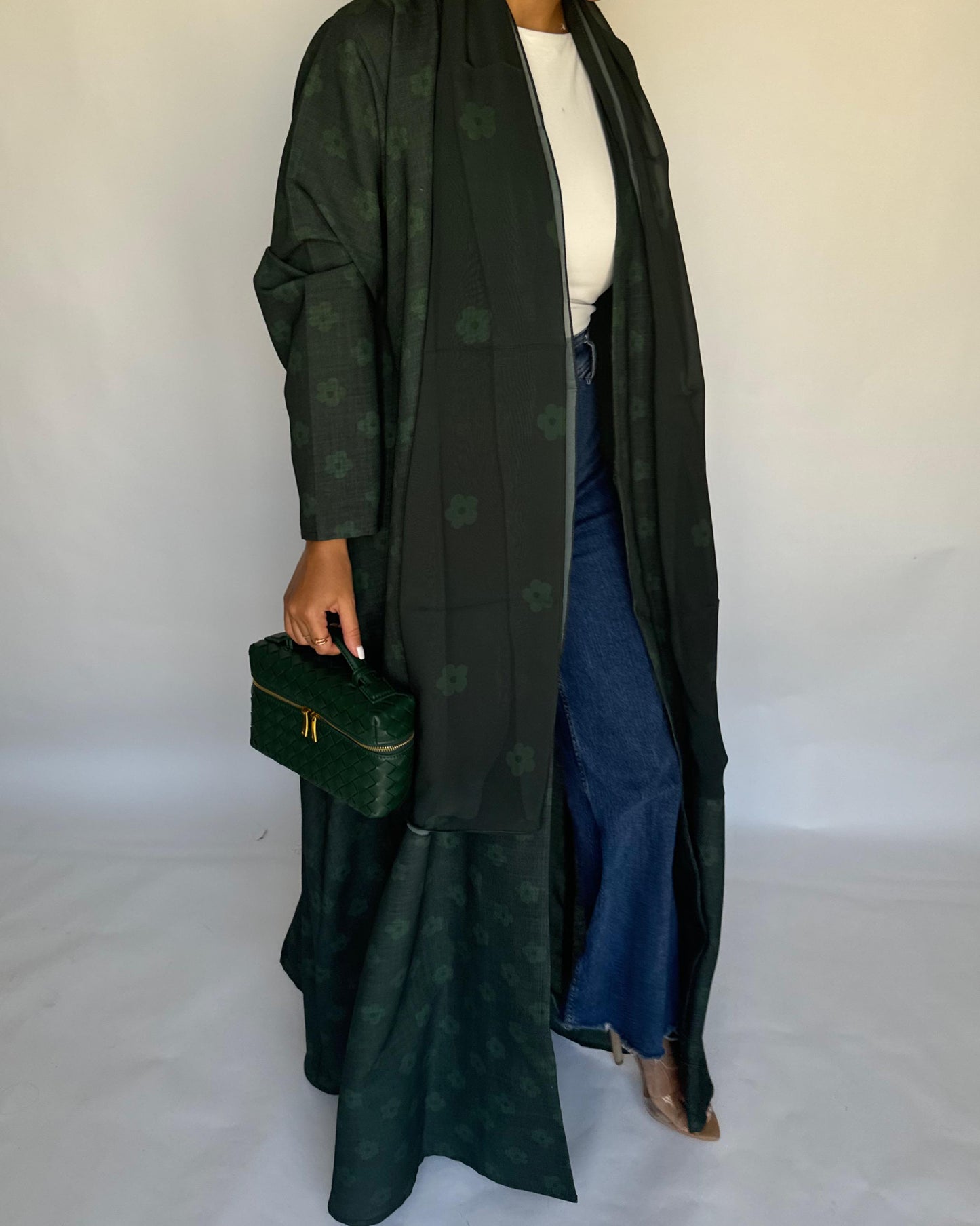 A394 - Dark Green Flower Linen A-Cut Summery Abaya