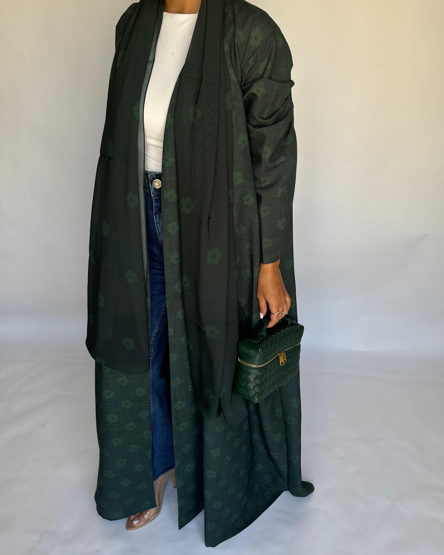 A394 - Dark Green Flower Linen A-Cut Summery Abaya