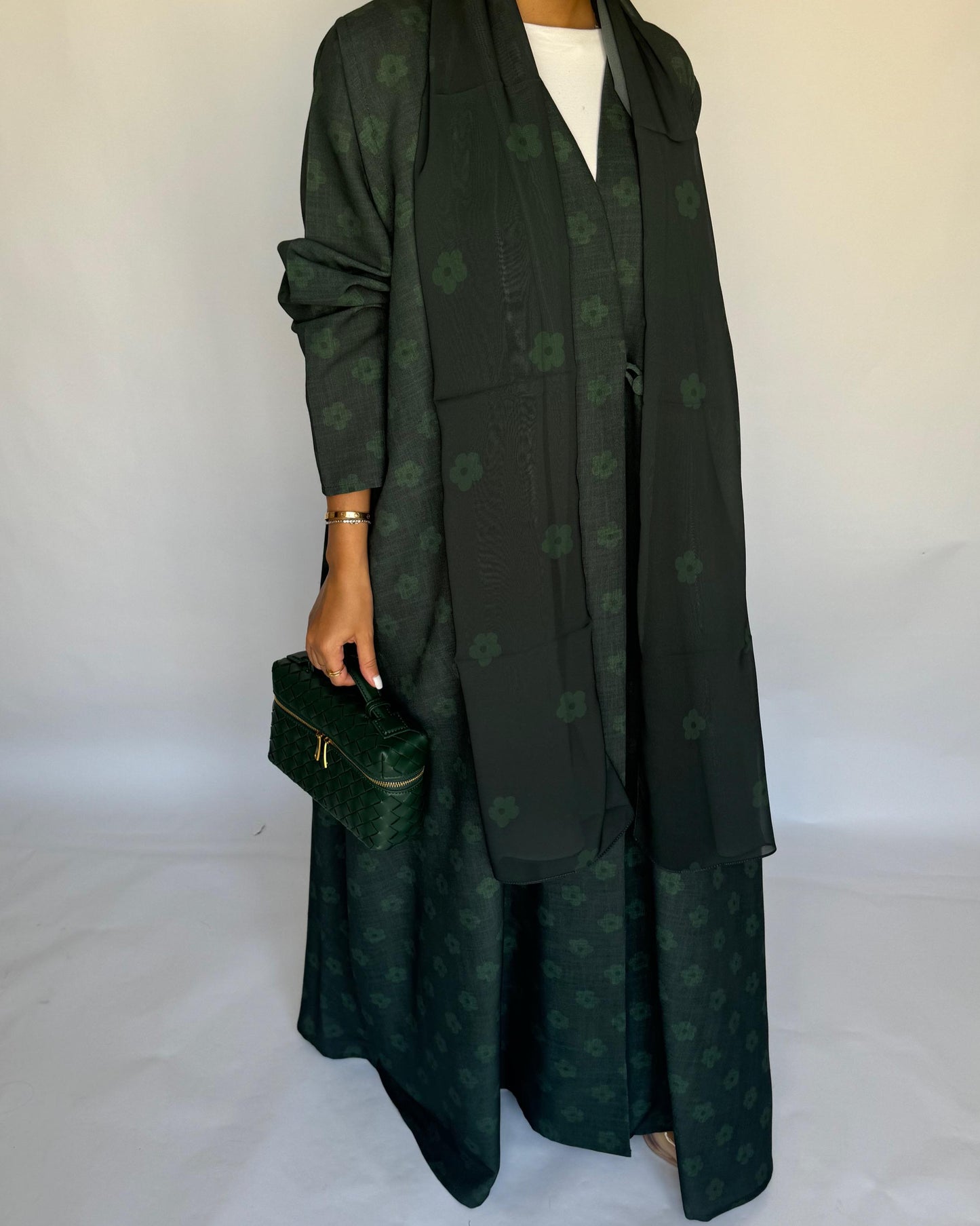 A394 - Dark Green Flower Linen A-Cut Summery Abaya