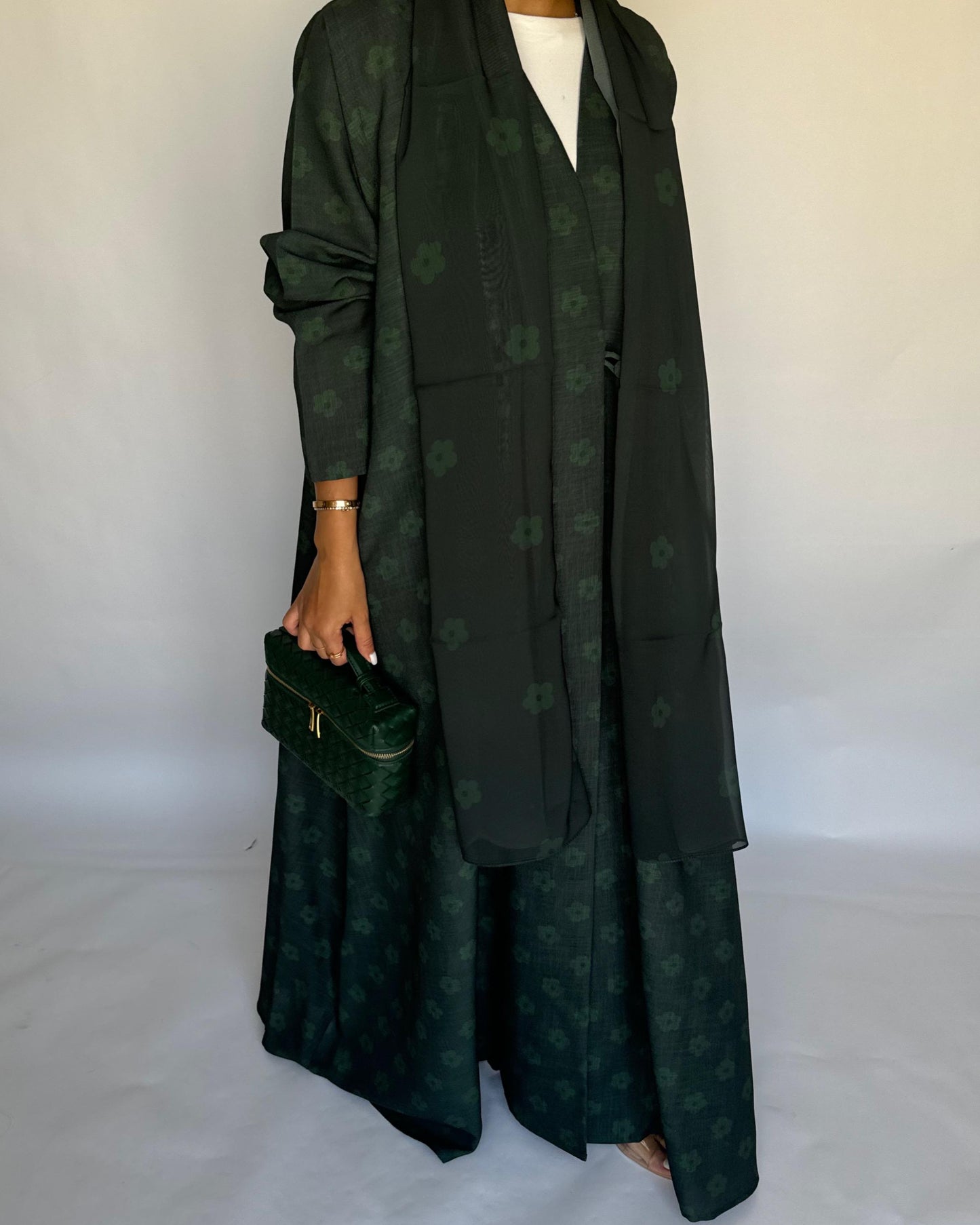 A394 - Dark Green Flower Linen A-Cut Summery Abaya
