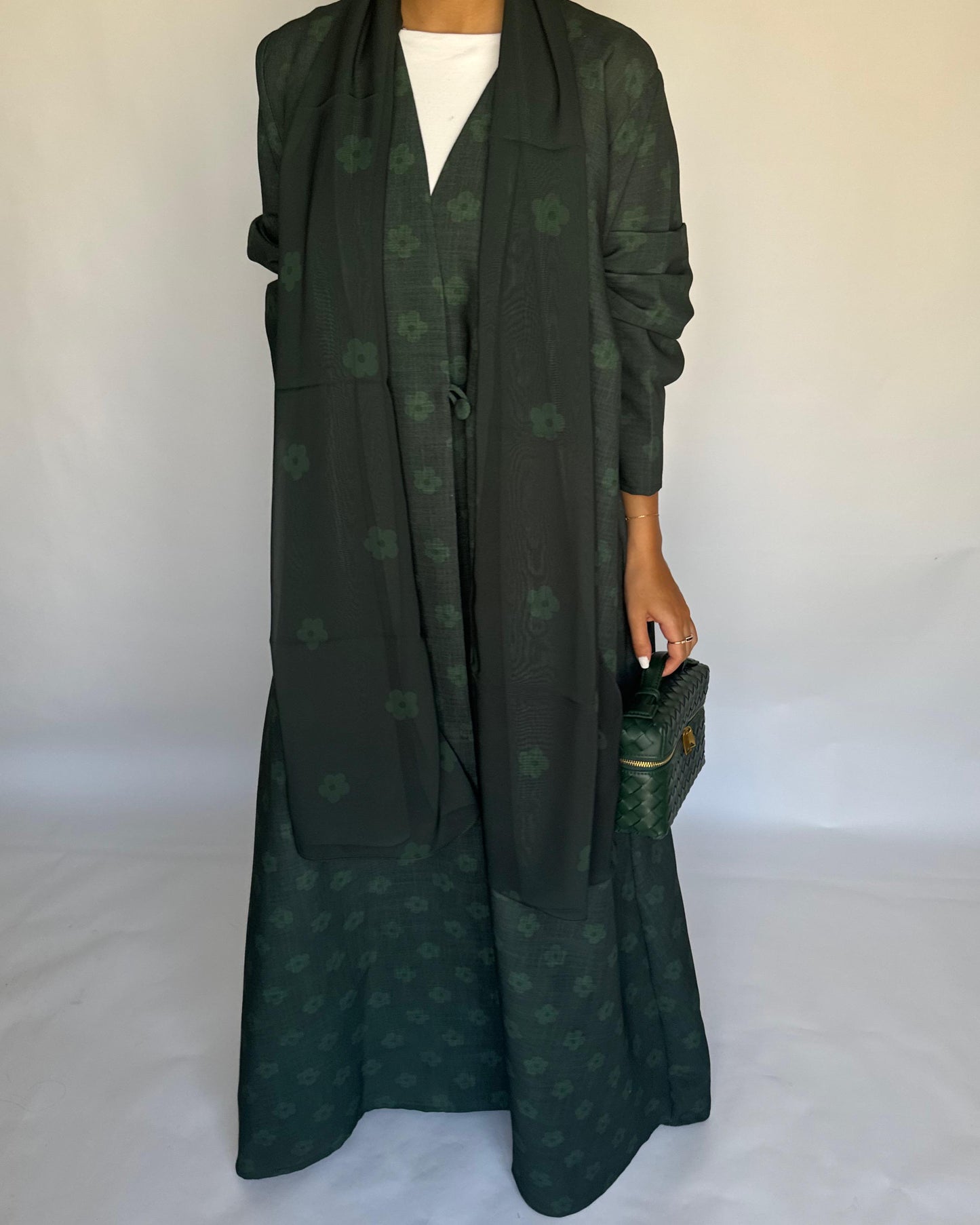 A394 - Dark Green Flower Linen A-Cut Summery Abaya