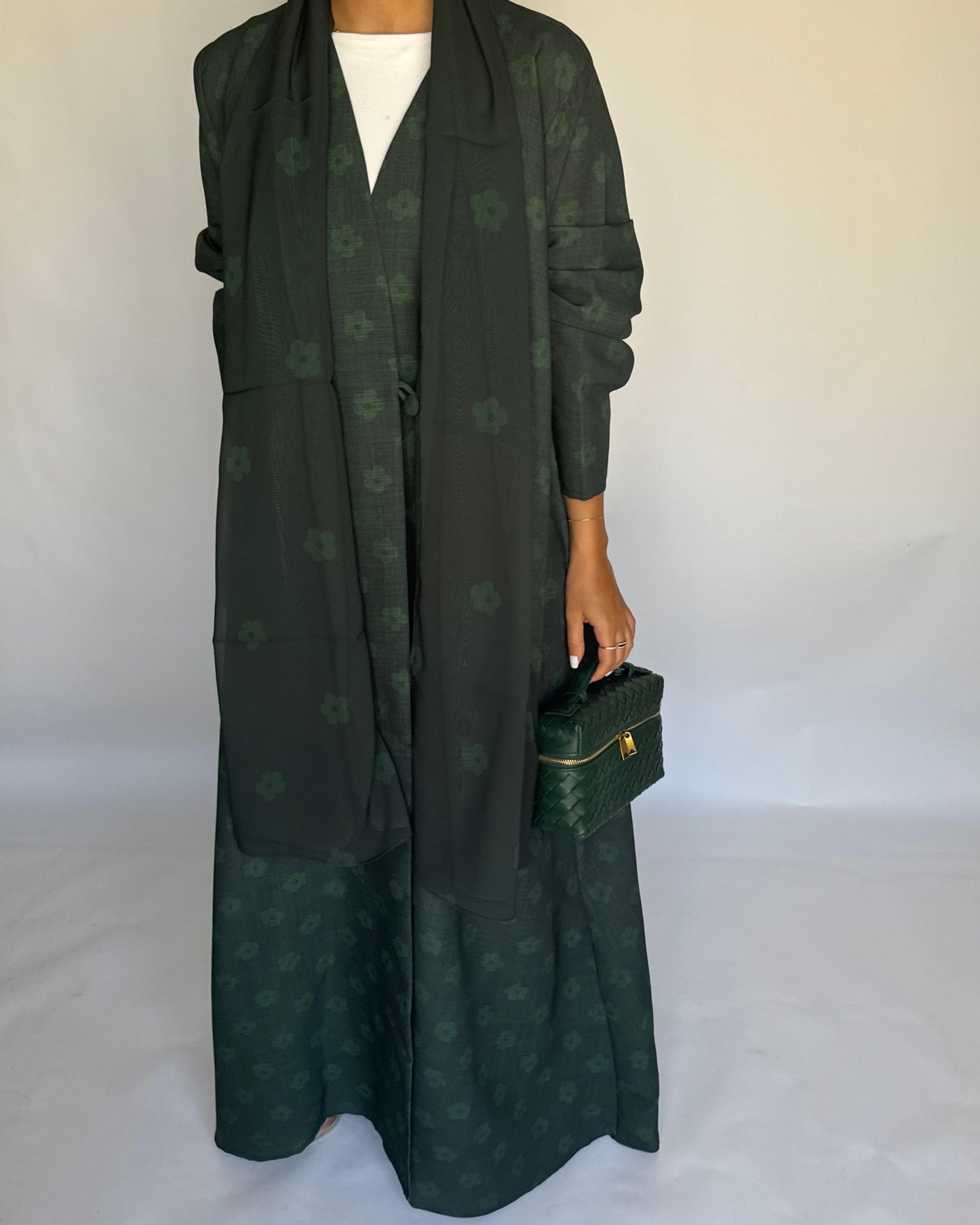 A394 - Dark Green Flower Linen A-Cut Summery Abaya