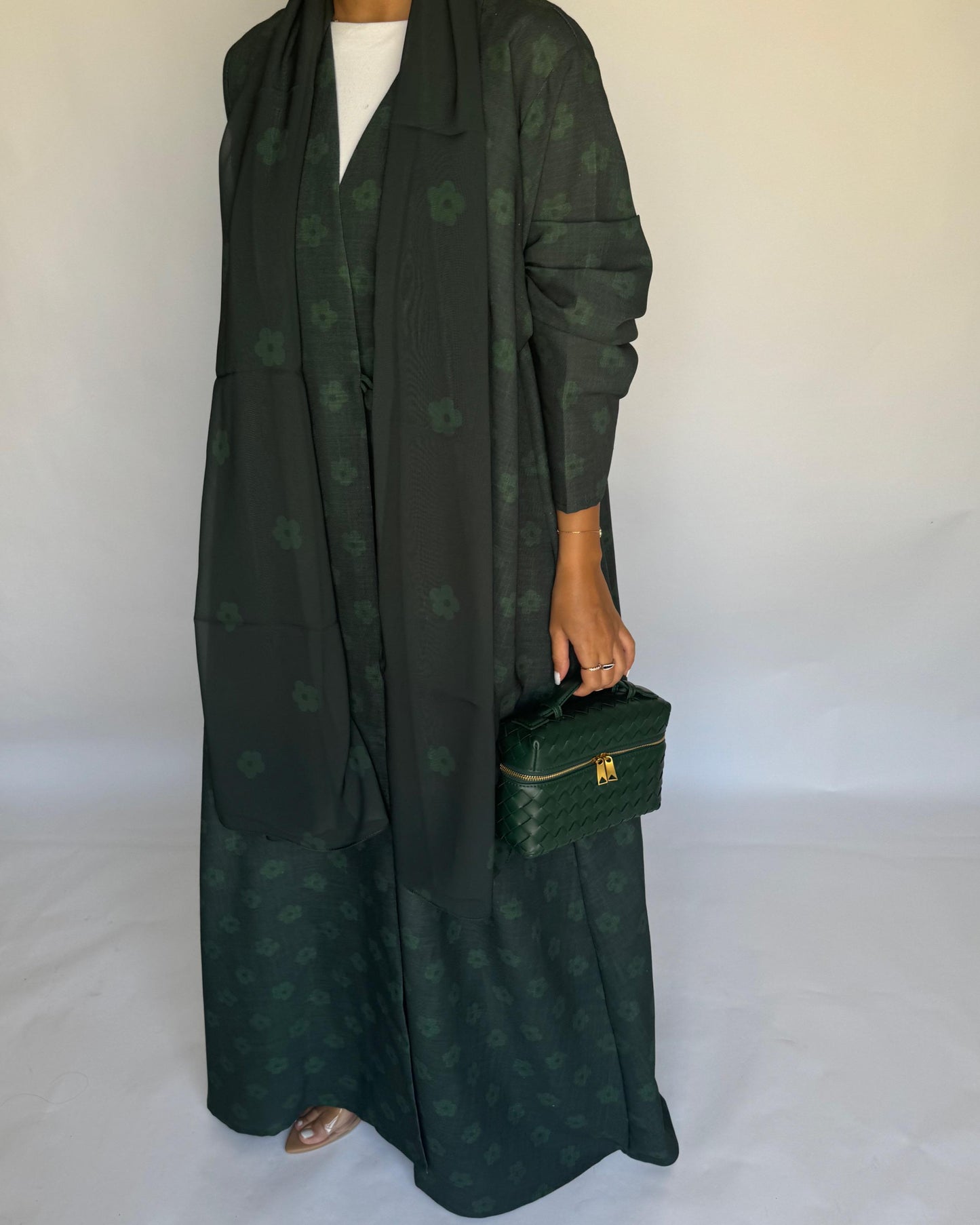 A394 - Dark Green Flower Linen A-Cut Summery Abaya