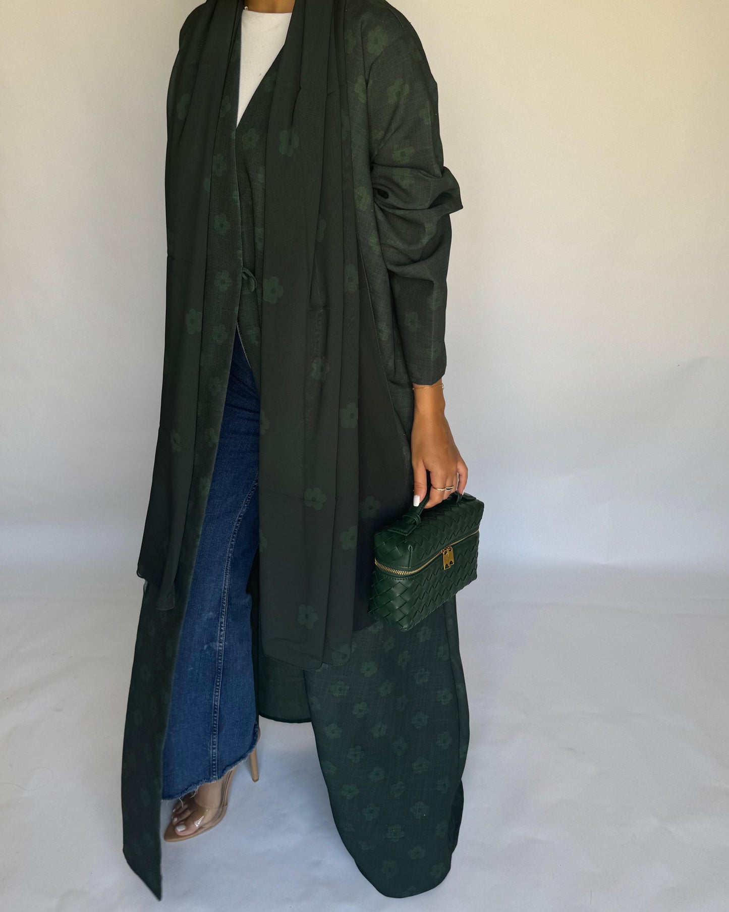 A394 - Dark Green Flower Linen A-Cut Summery Abaya