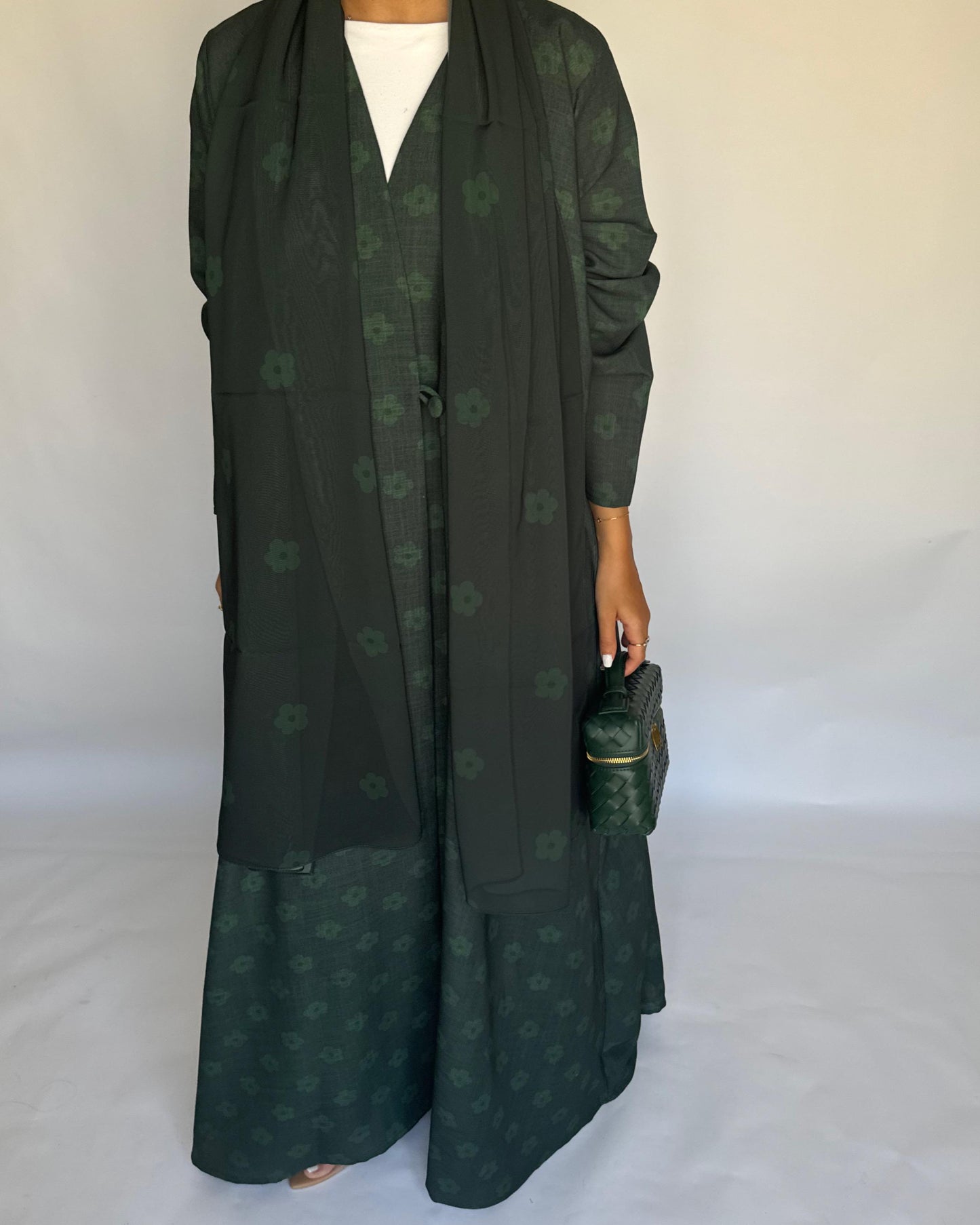 A394 - Dark Green Flower Linen A-Cut Summery Abaya