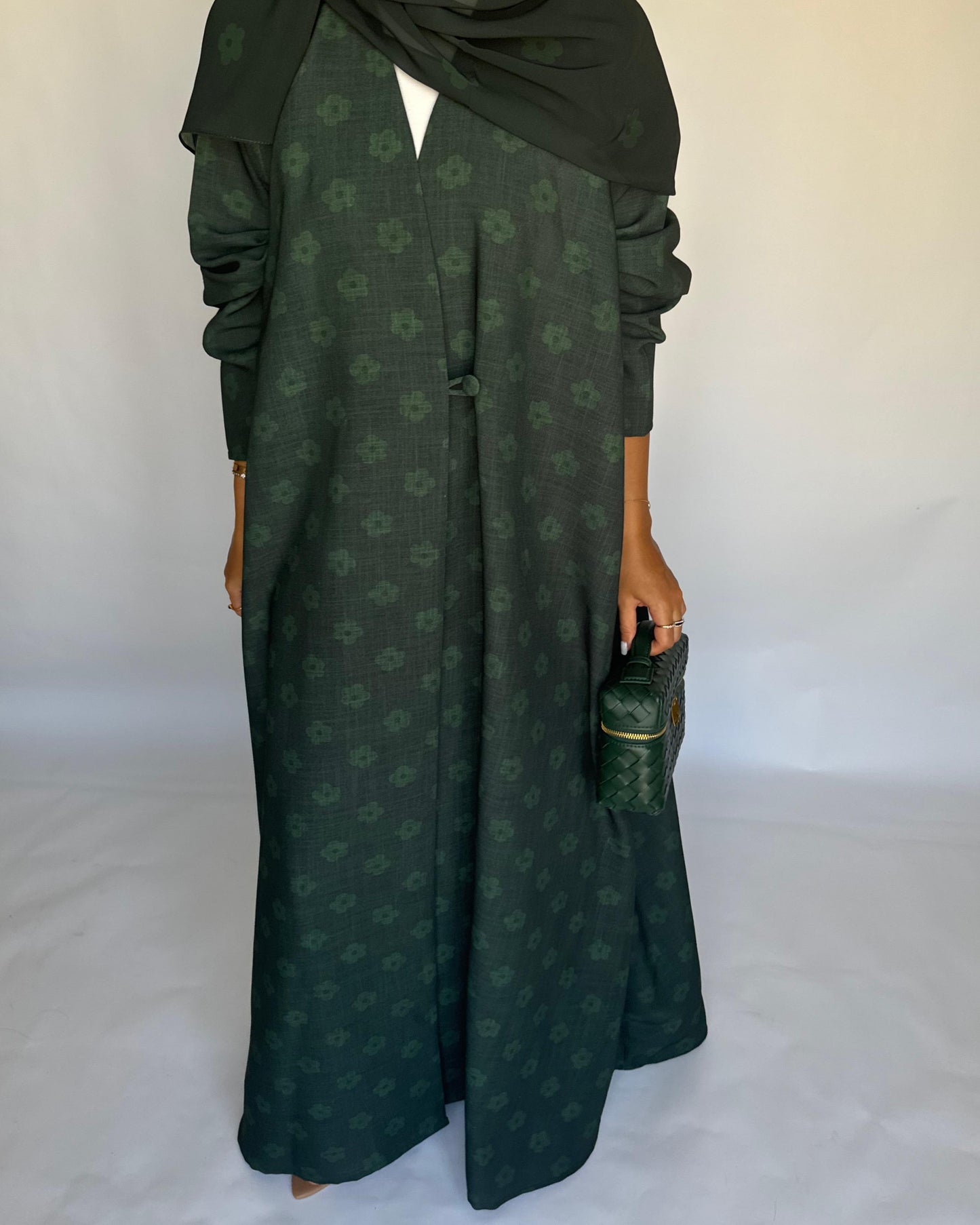 A394 - Dark Green Flower Linen A-Cut Summery Abaya