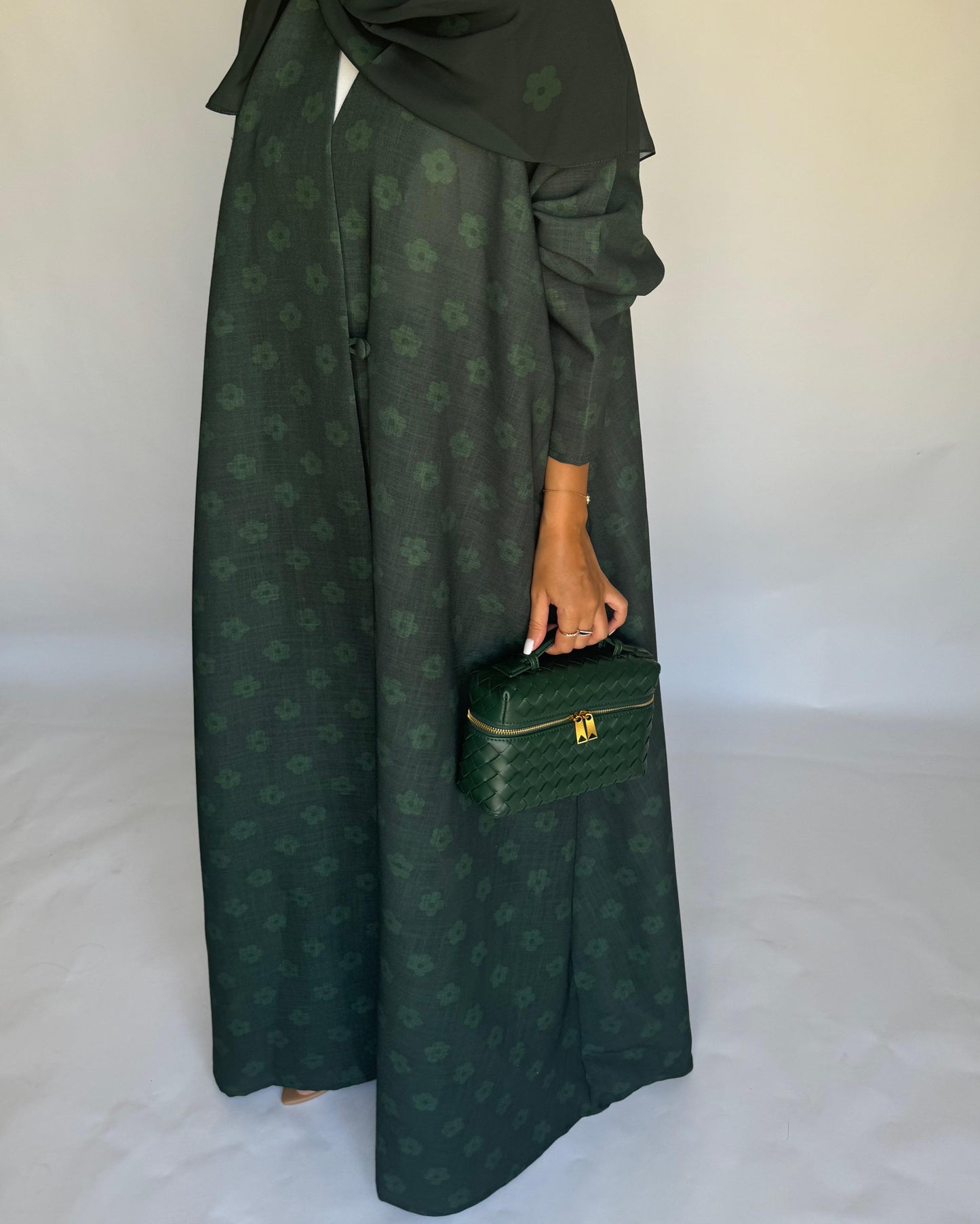 A394 - Dark Green Flower Linen A-Cut Summery Abaya