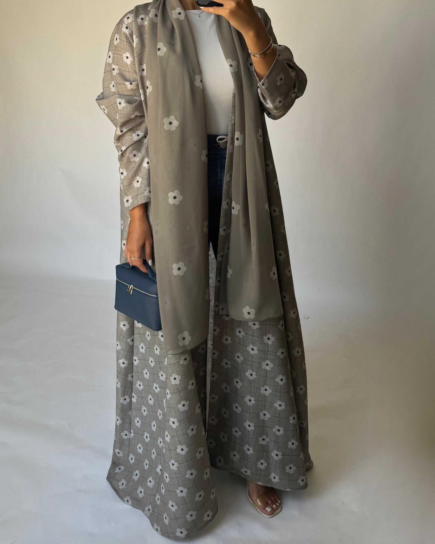 A395 - Brown Grey Tone Flower Linen A-Cut Summery Abaya