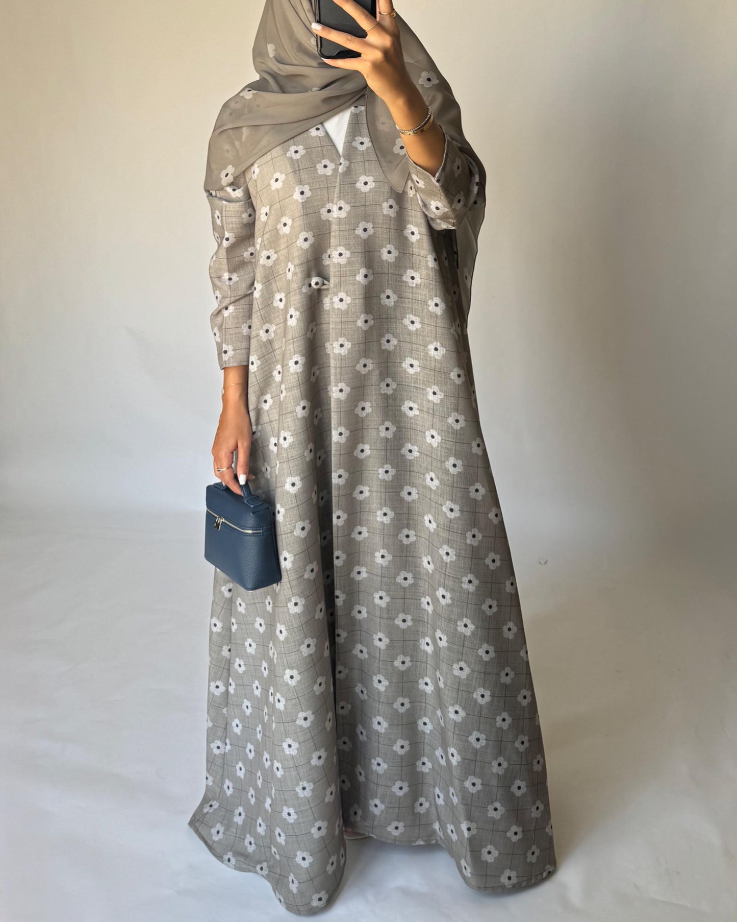 A395 - Brown Grey Tone Flower Linen A-Cut Summery Abaya