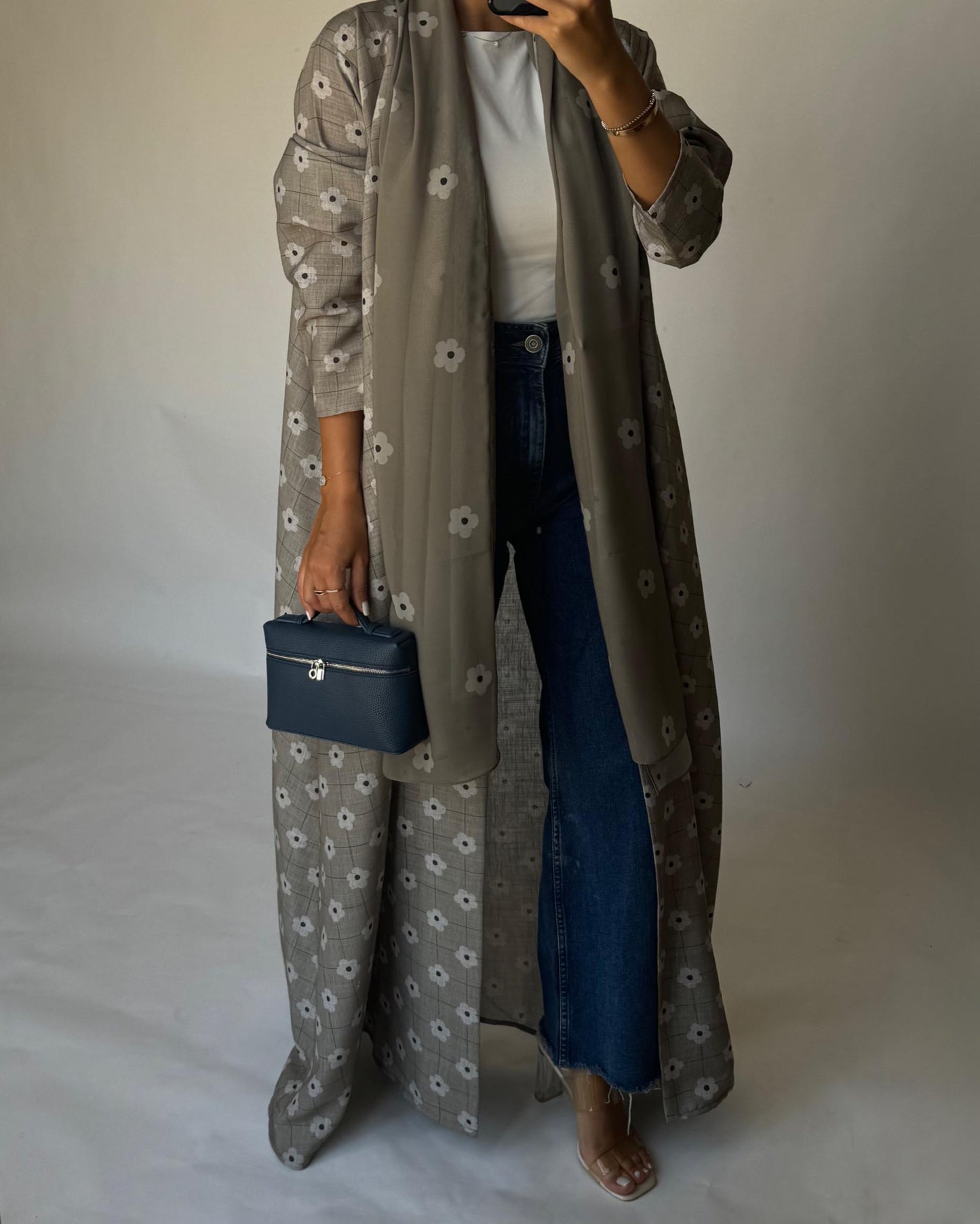 A395 - Brown Grey Tone Flower Linen A-Cut Summery Abaya