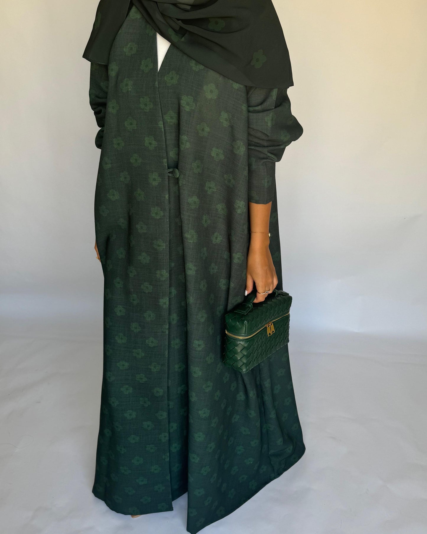 A394 - Dark Green Flower Linen A-Cut Summery Abaya