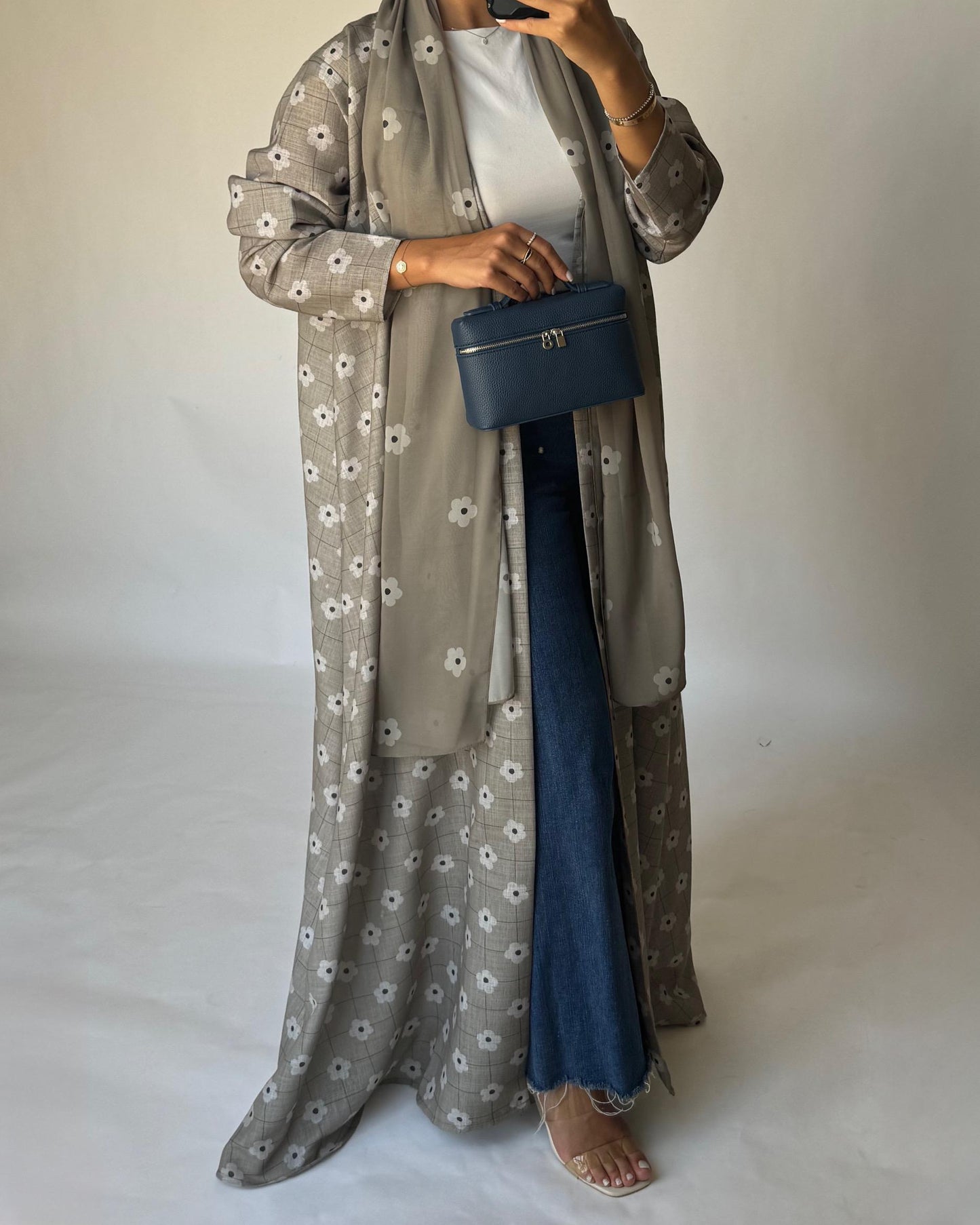 A395 - Brown Grey Tone Flower Linen A-Cut Summery Abaya