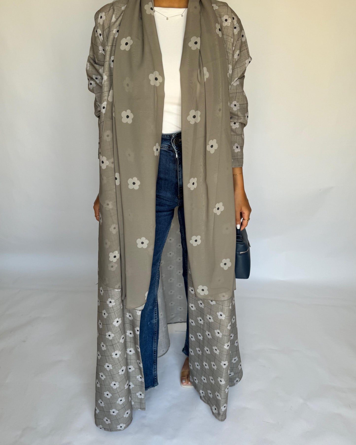 A395 - Brown Grey Tone Flower Linen A-Cut Summery Abaya