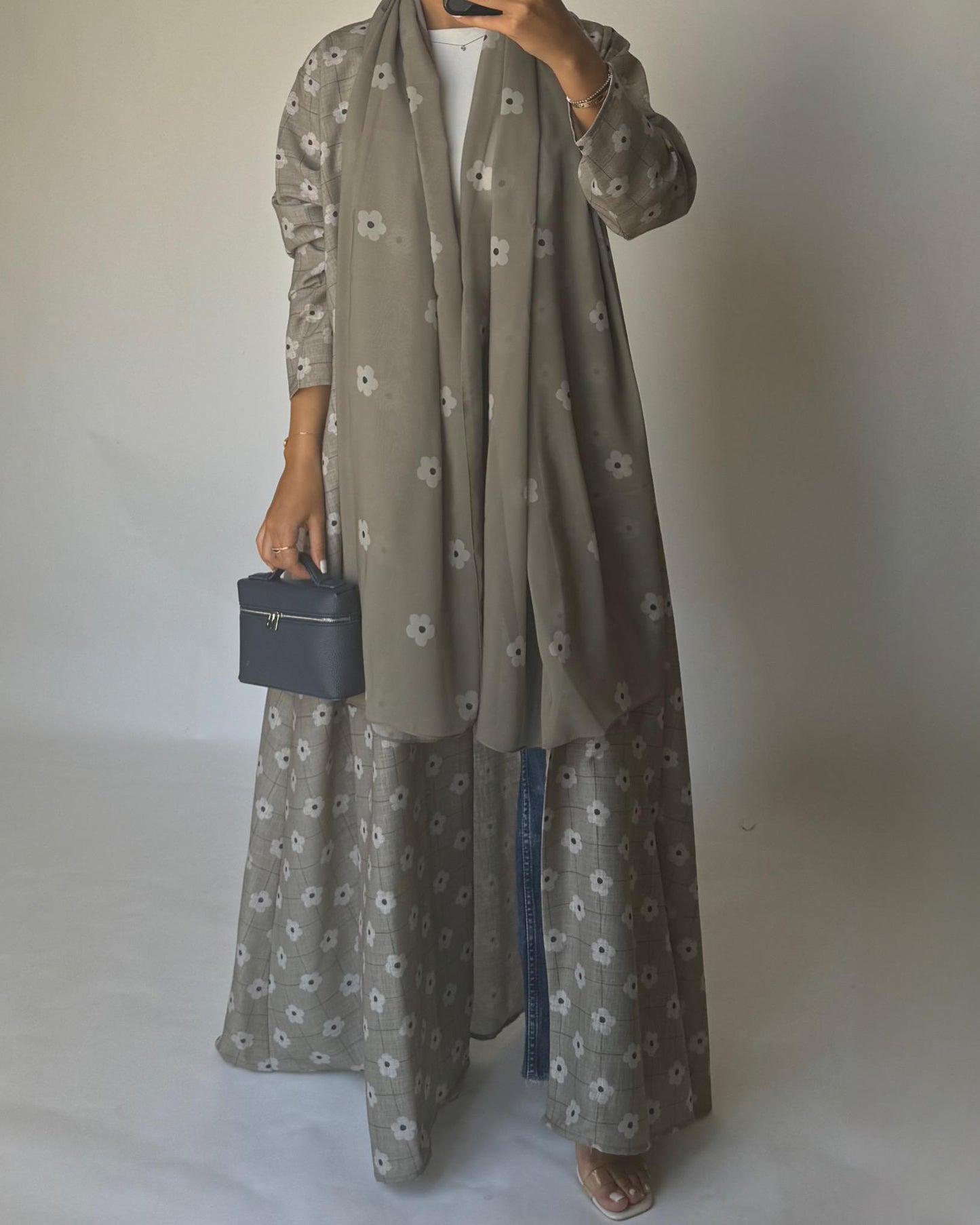 A395 - Brown Grey Tone Flower Linen A-Cut Summery Abaya
