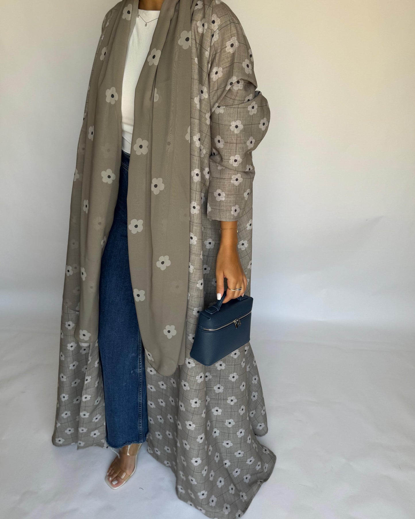 A395 - Brown Grey Tone Flower Linen A-Cut Summery Abaya