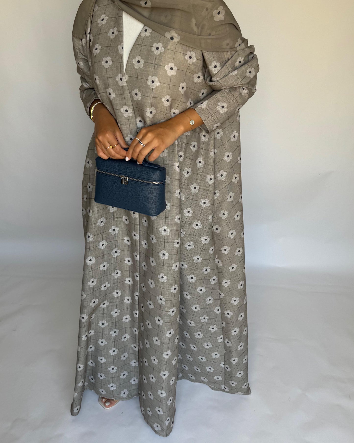 A395 - Brown Grey Tone Flower Linen A-Cut Summery Abaya