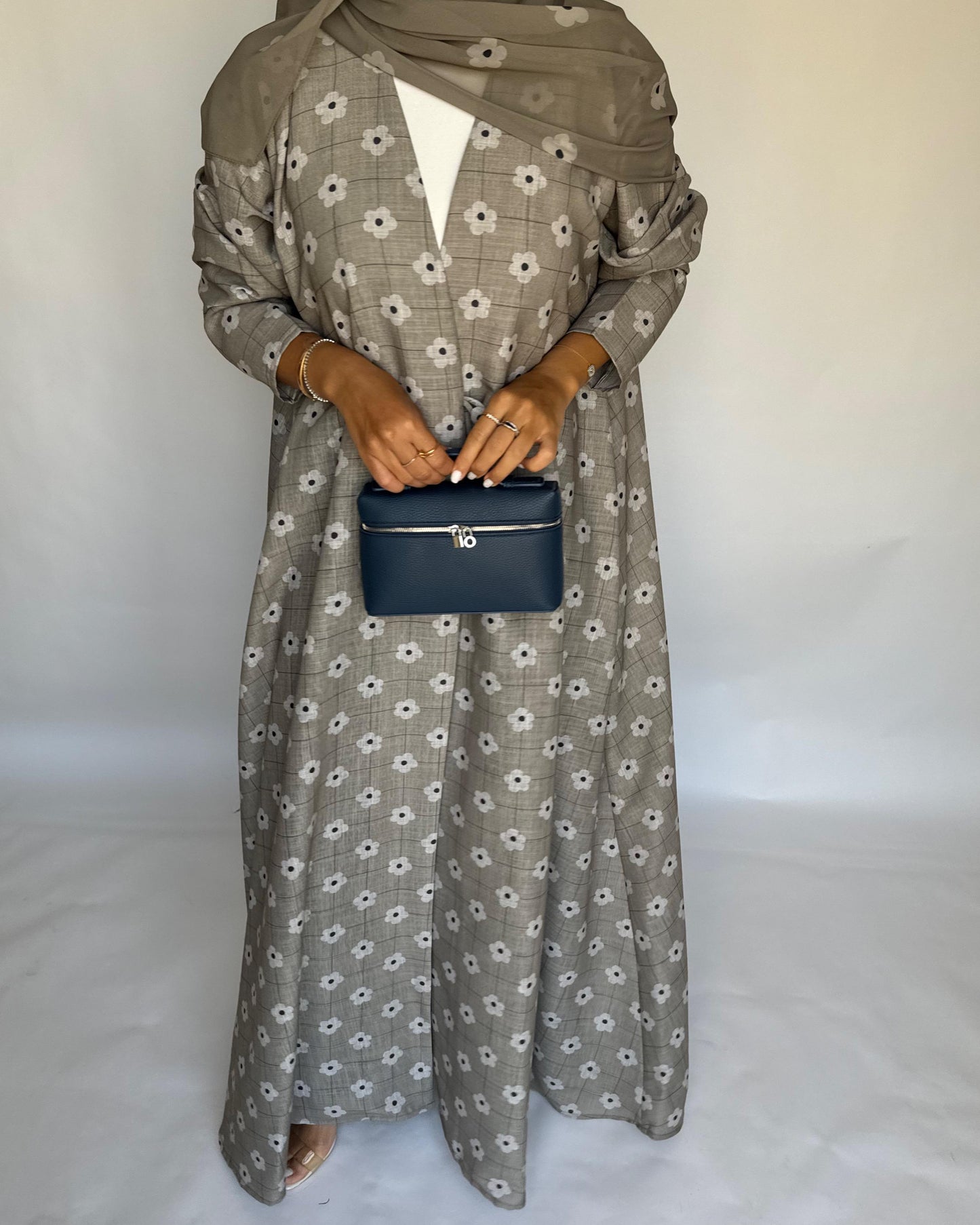 A395 - Brown Grey Tone Flower Linen A-Cut Summery Abaya
