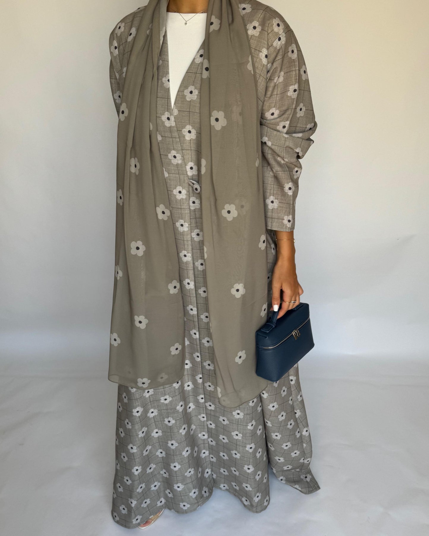 A395 - Brown Grey Tone Flower Linen A-Cut Summery Abaya