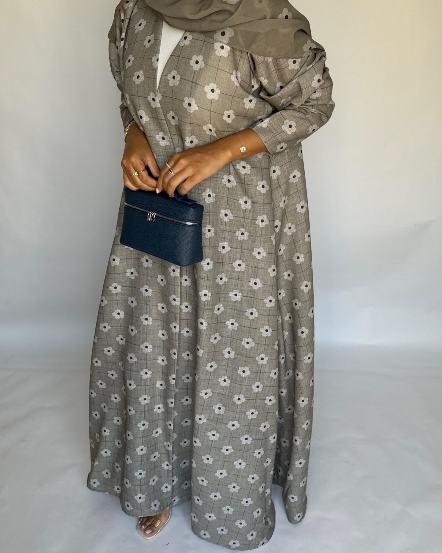 A395 - Brown Grey Tone Flower Linen A-Cut Summery Abaya