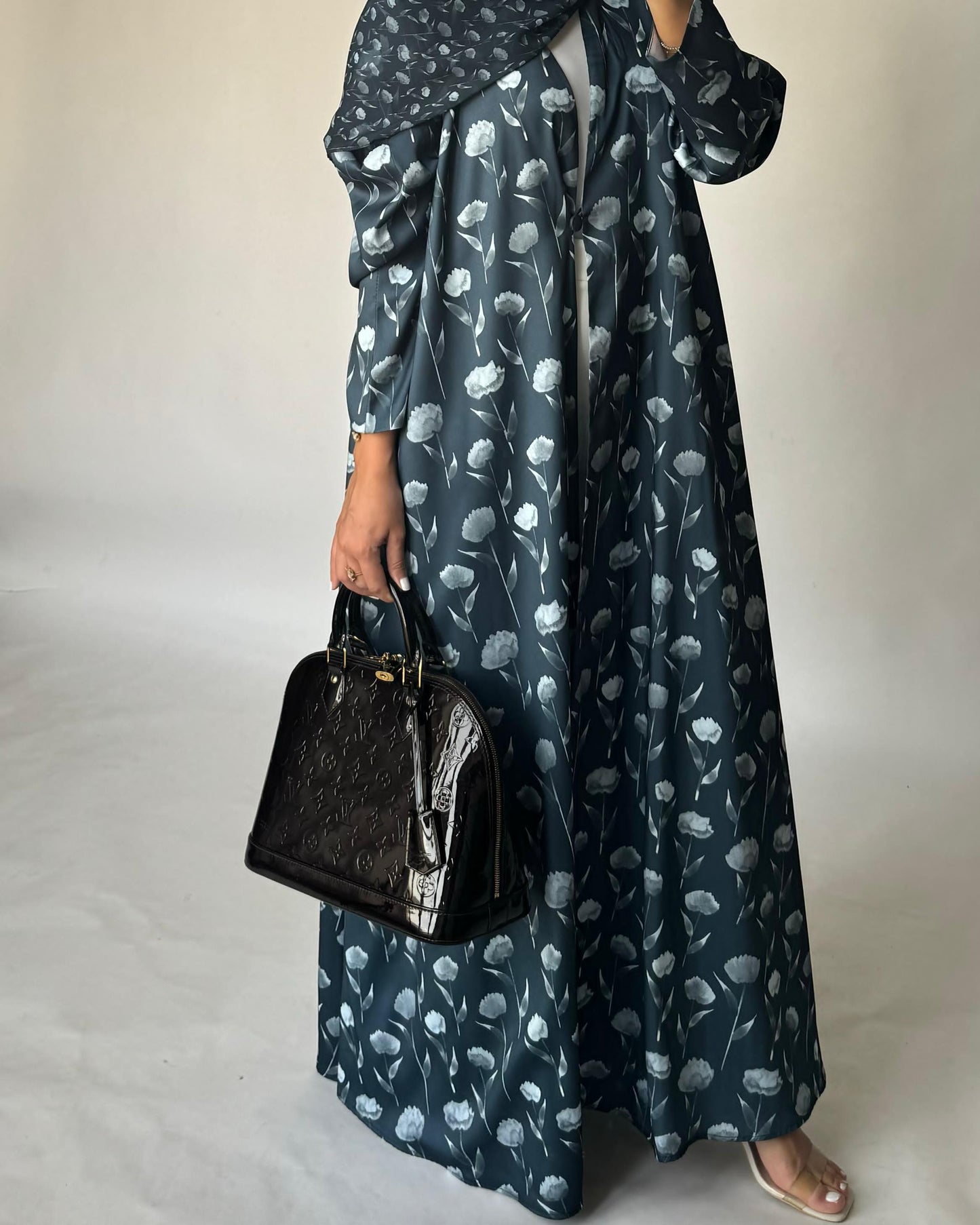 A403 - Blue Flower Pattern A-Cut Summery Daily Abaya