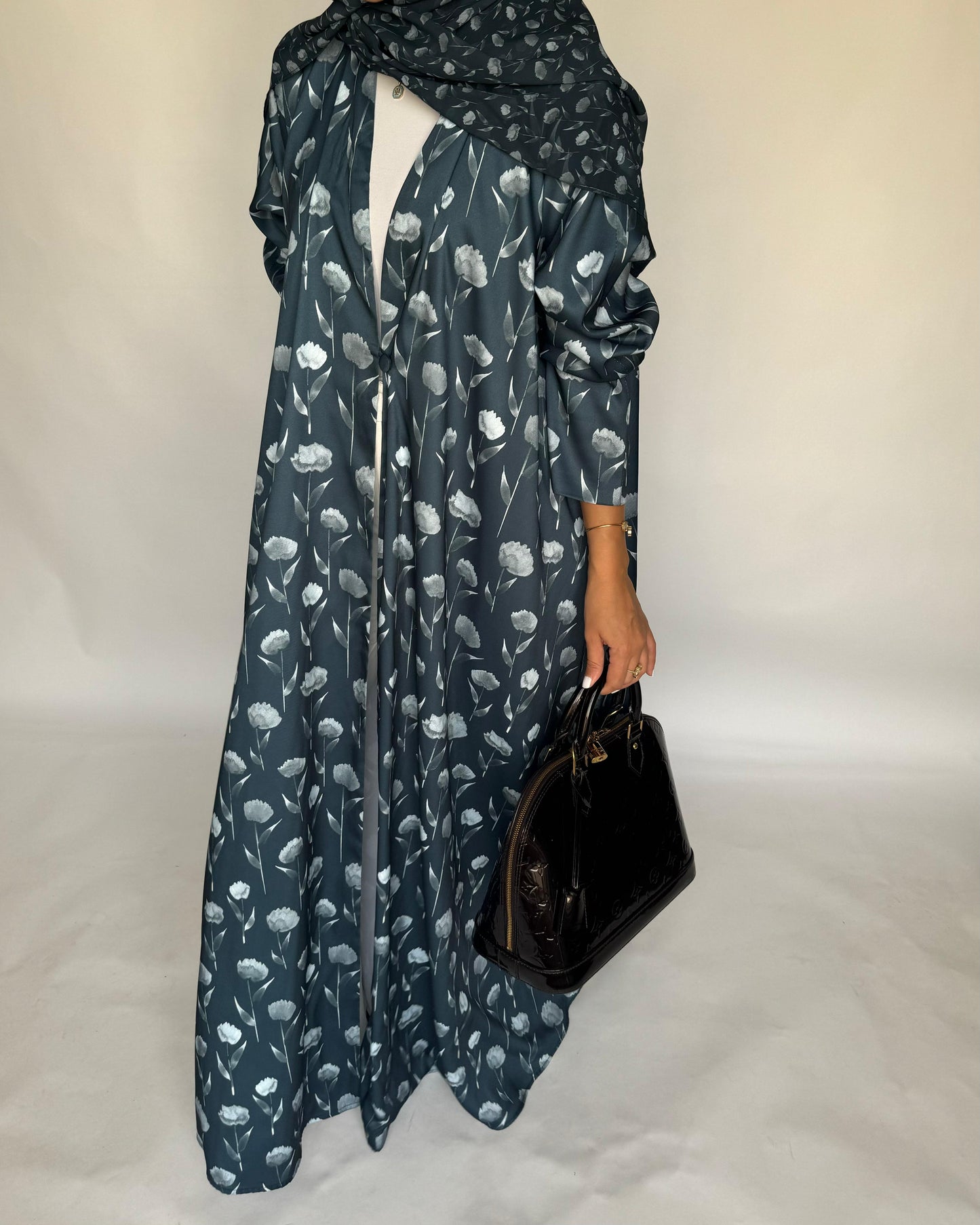 A403 - Blue Flower Pattern A-Cut Summery Daily Abaya