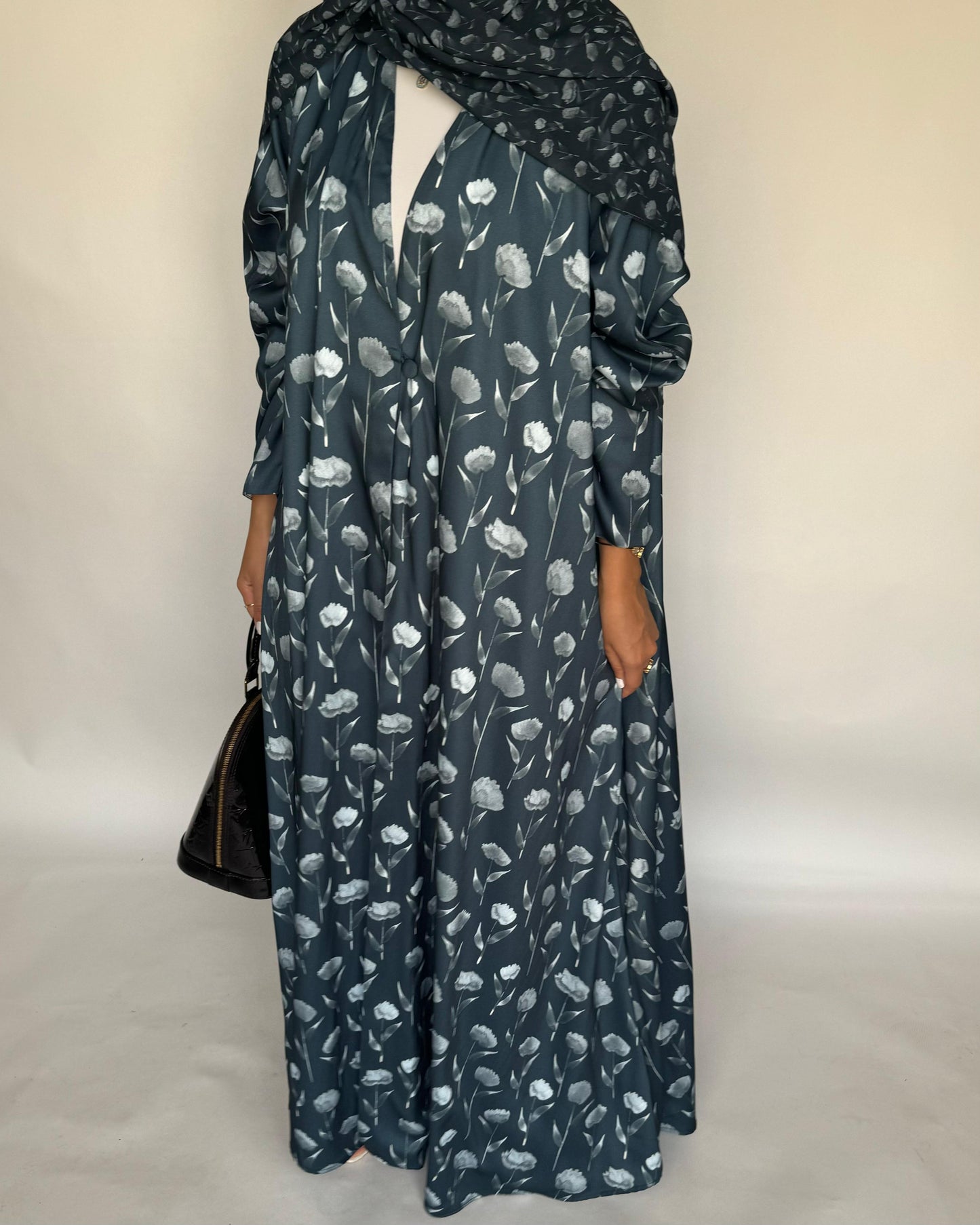 A403 - Blue Flower Pattern A-Cut Summery Daily Abaya