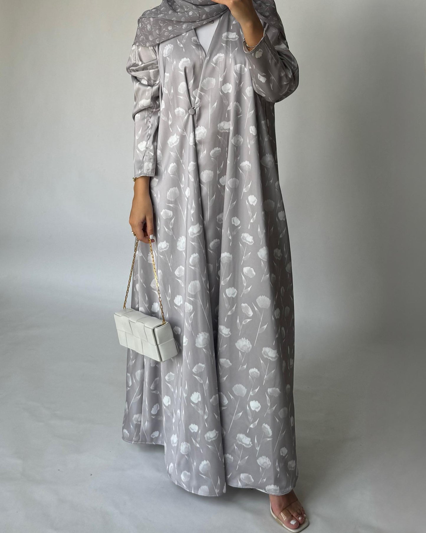 A405 - Beige Flower Pattern A-Cut Summery Daily Abaya
