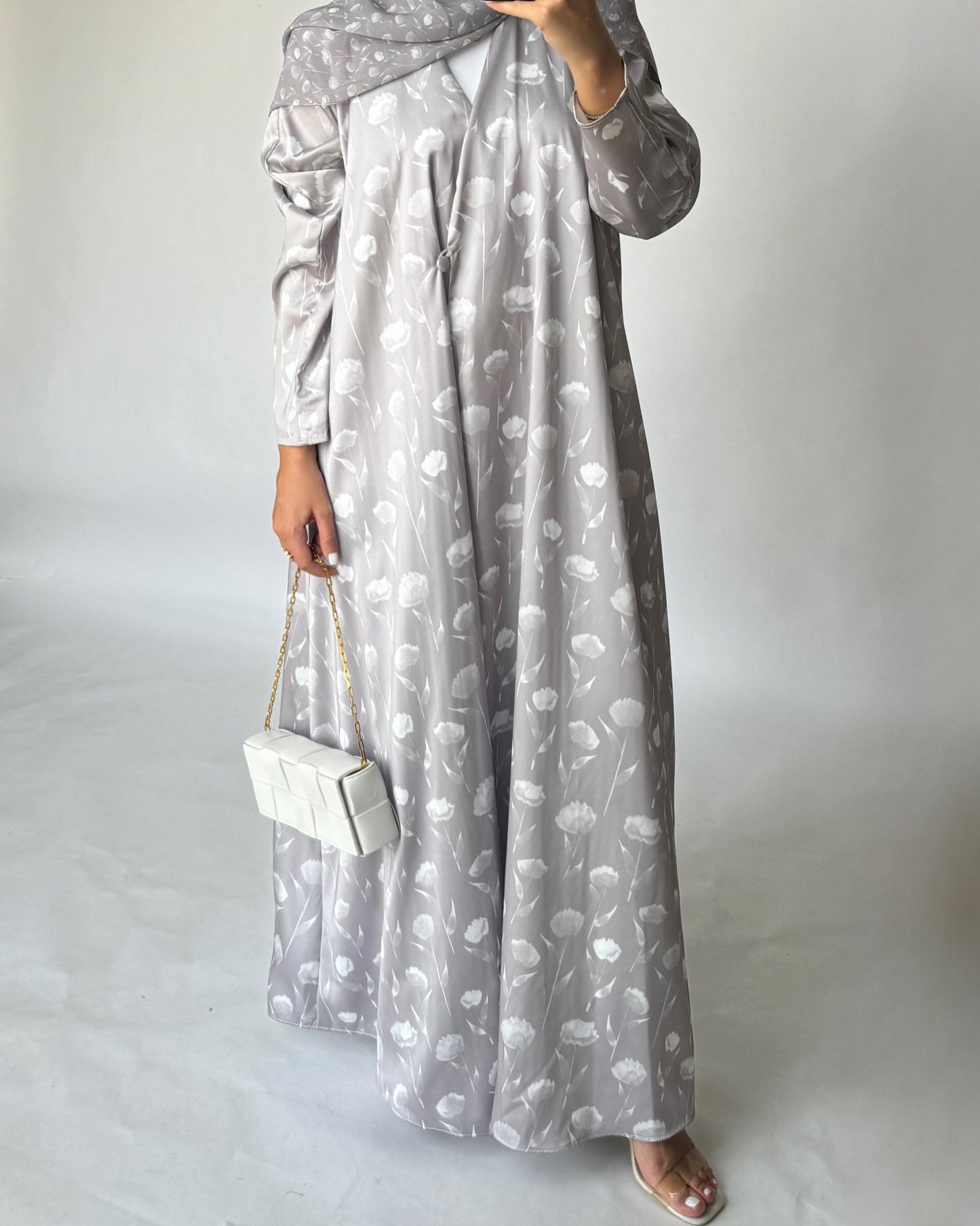A405 - Beige Flower Pattern A-Cut Summery Daily Abaya