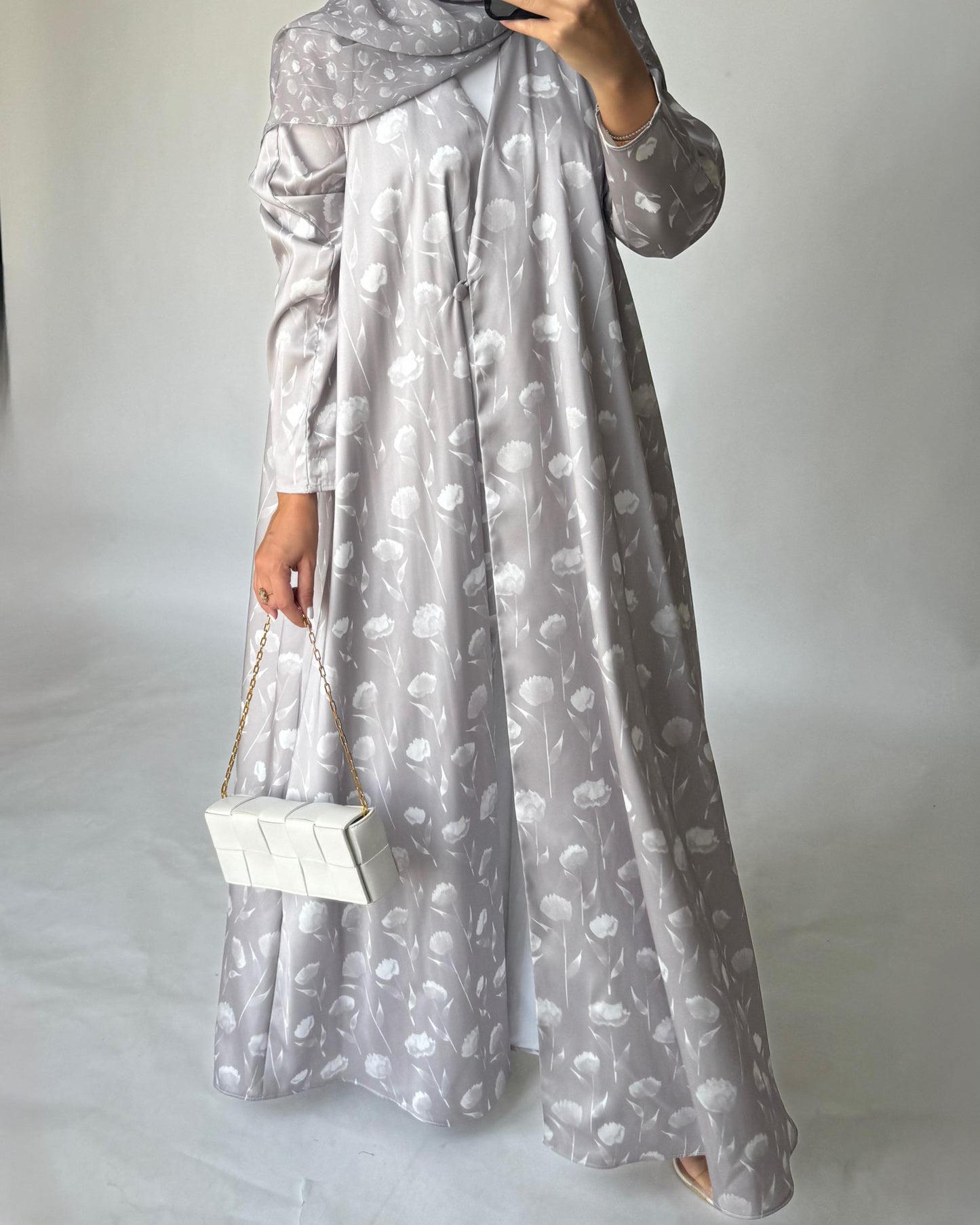 A405 - Beige Flower Pattern A-Cut Summery Daily Abaya