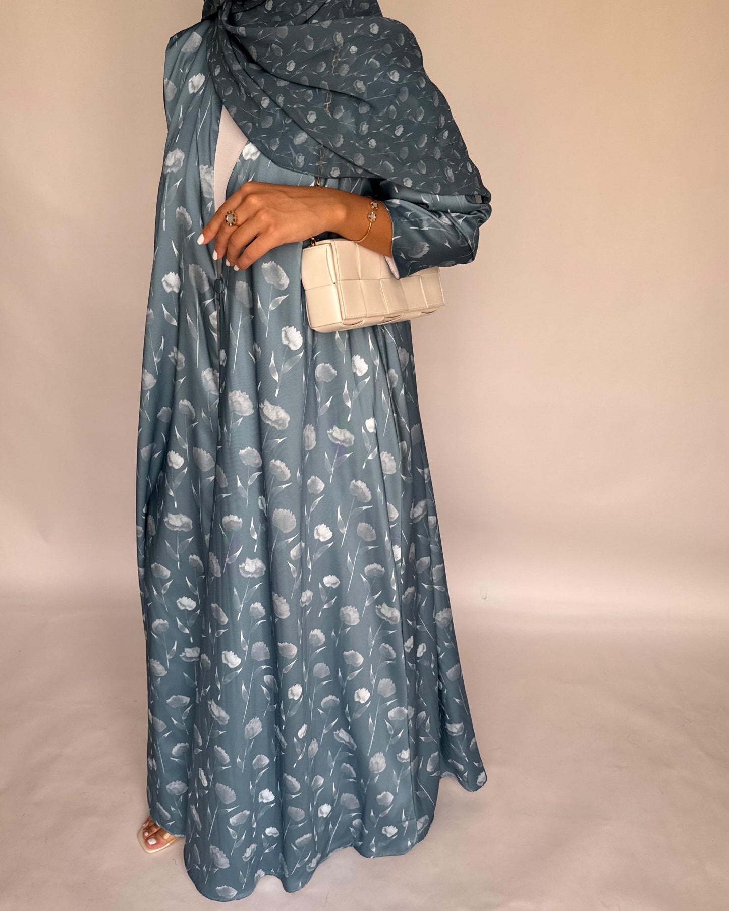 A404 - Light Blue Flower Pattern A-Cut Summery Daily Abaya