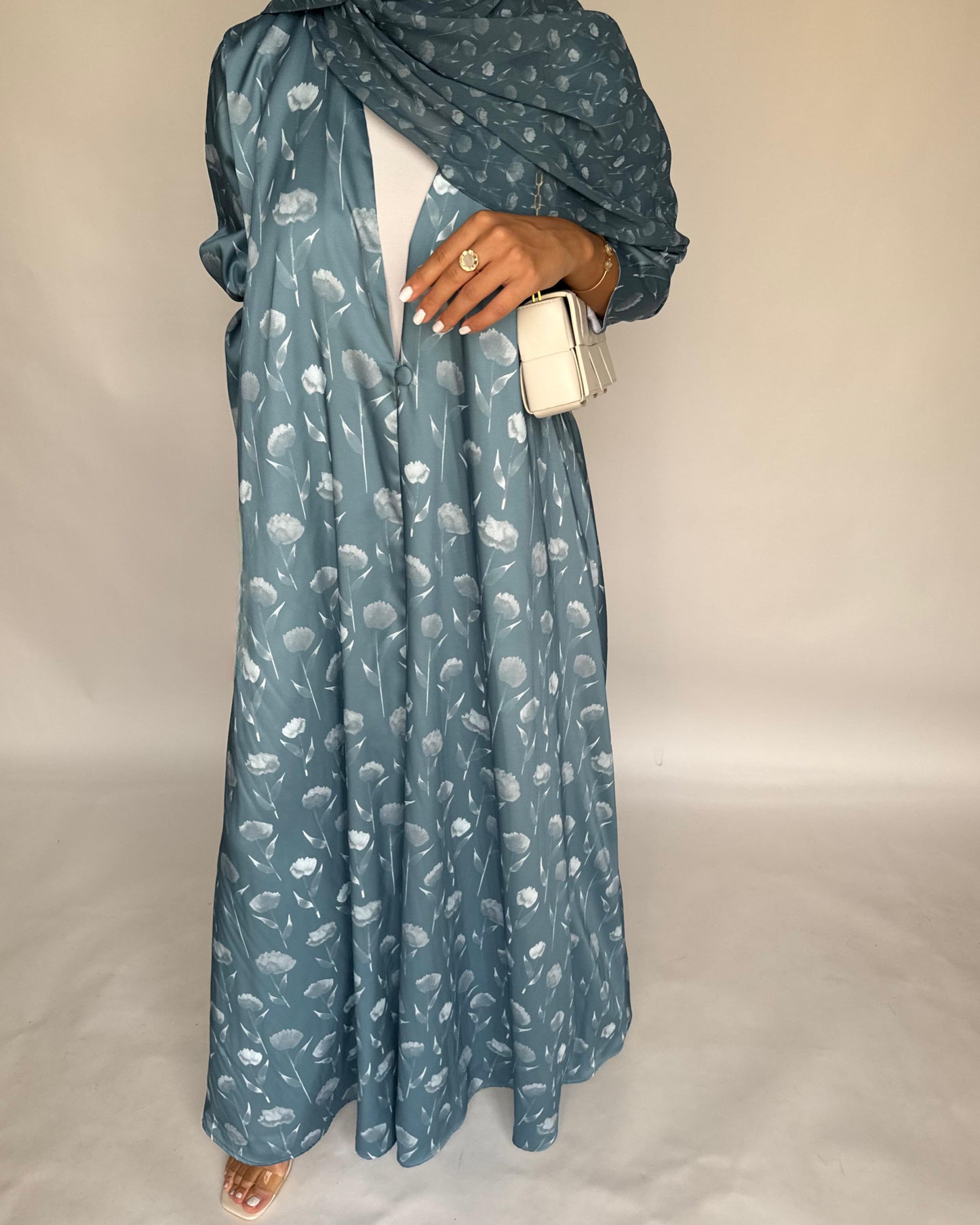 A404 - Light Blue Flower Pattern A-Cut Summery Daily Abaya