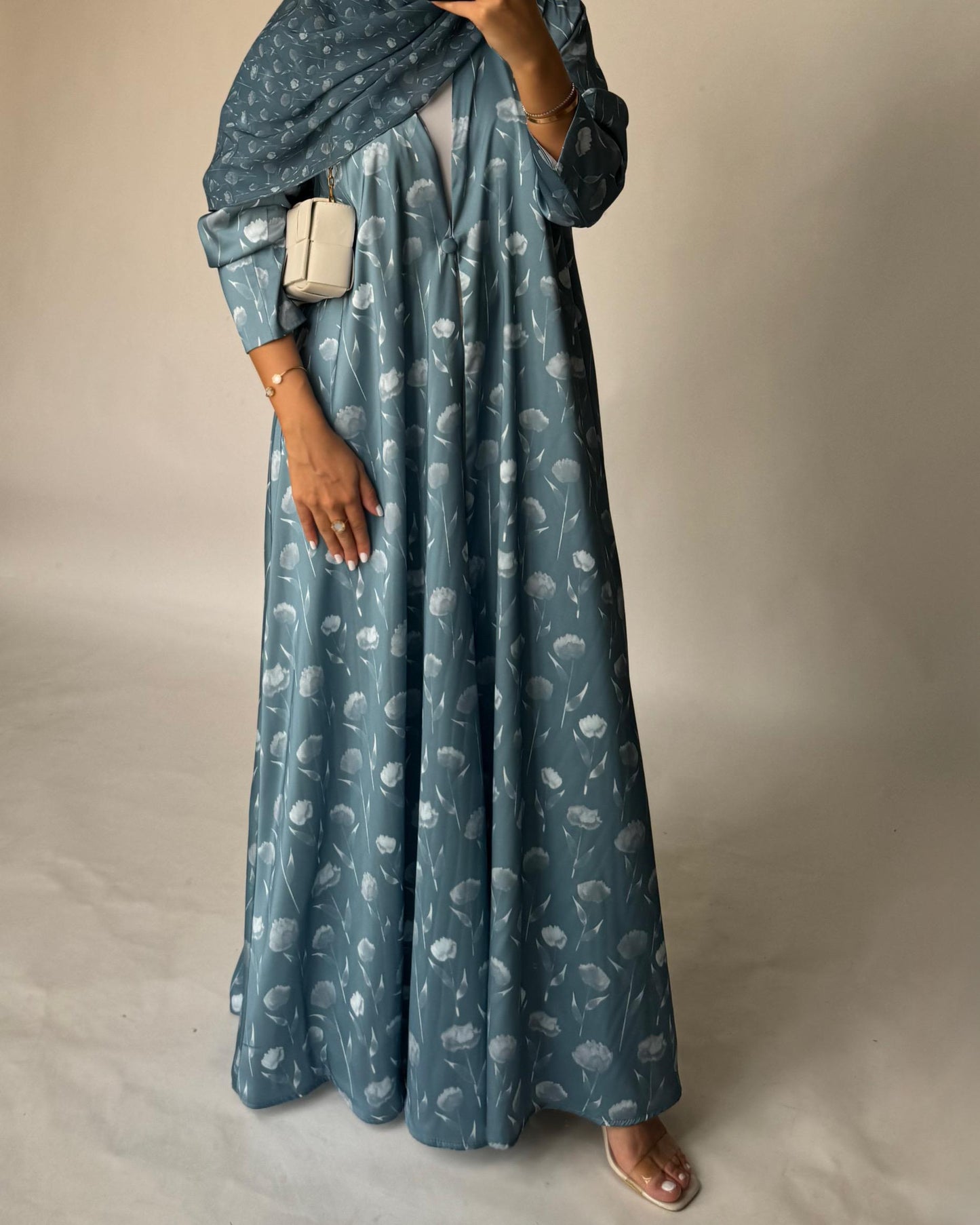 A404 - Light Blue Flower Pattern A-Cut Summery Daily Abaya